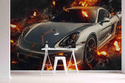 3D Sports Car Gold Flame Pattern Wall Mural Wallpaper GD 3238- Jess Art Decoration
