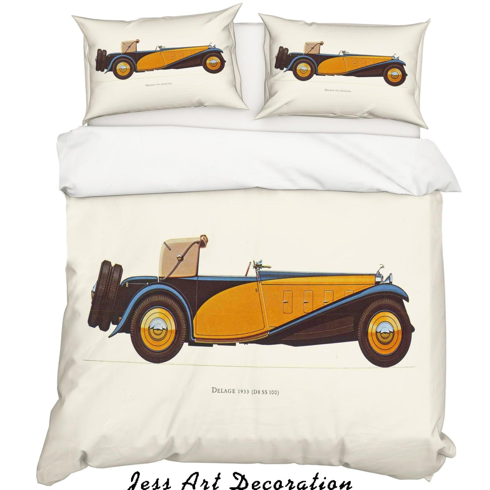 3D Yellow Retro Classic Cars Quilt Cover Set Bedding Set Pillowcases 04- Jess Art Decoration