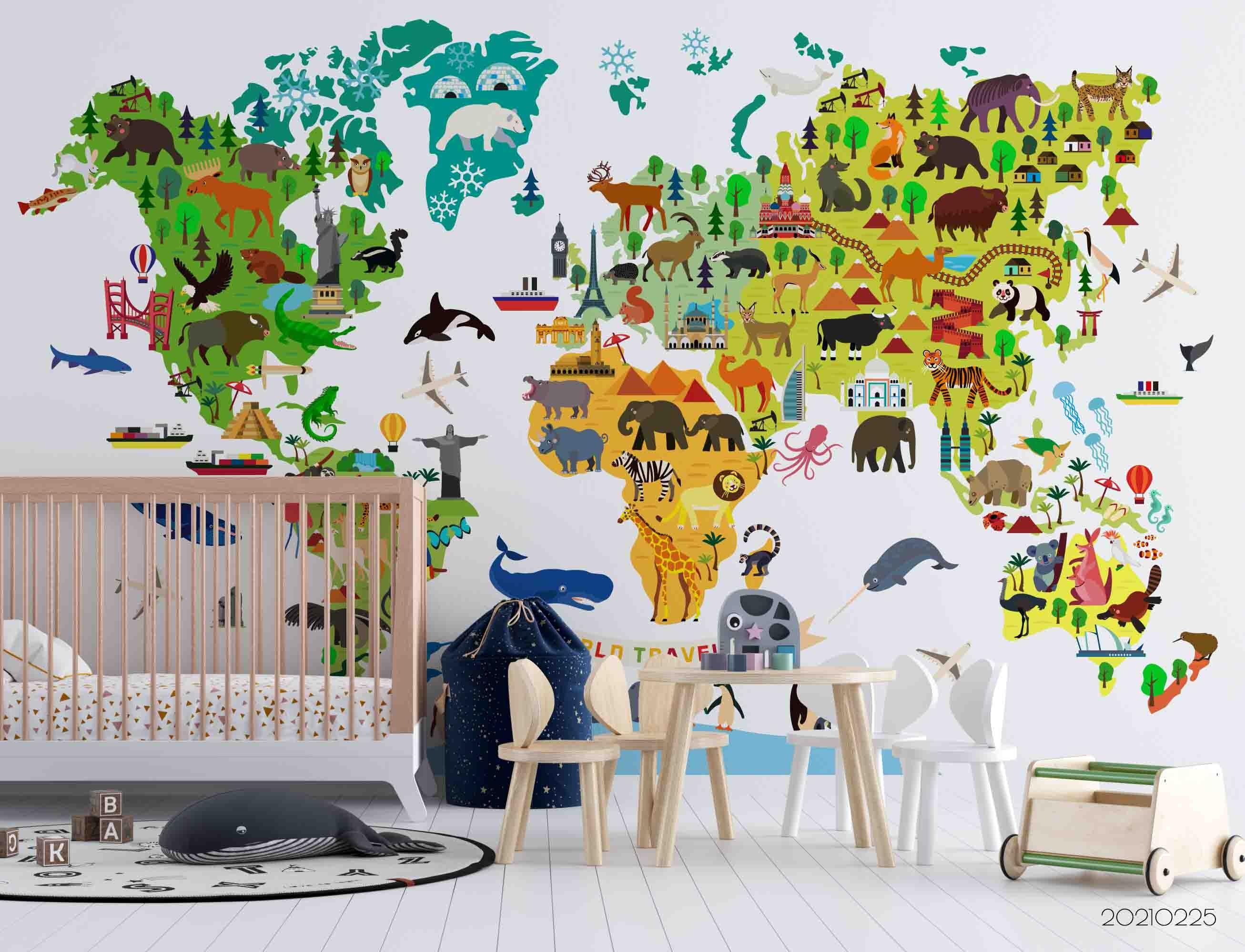 3D Cartoon World Map Animals Wall Mural Wallpaper LQH 168- Jess Art Decoration