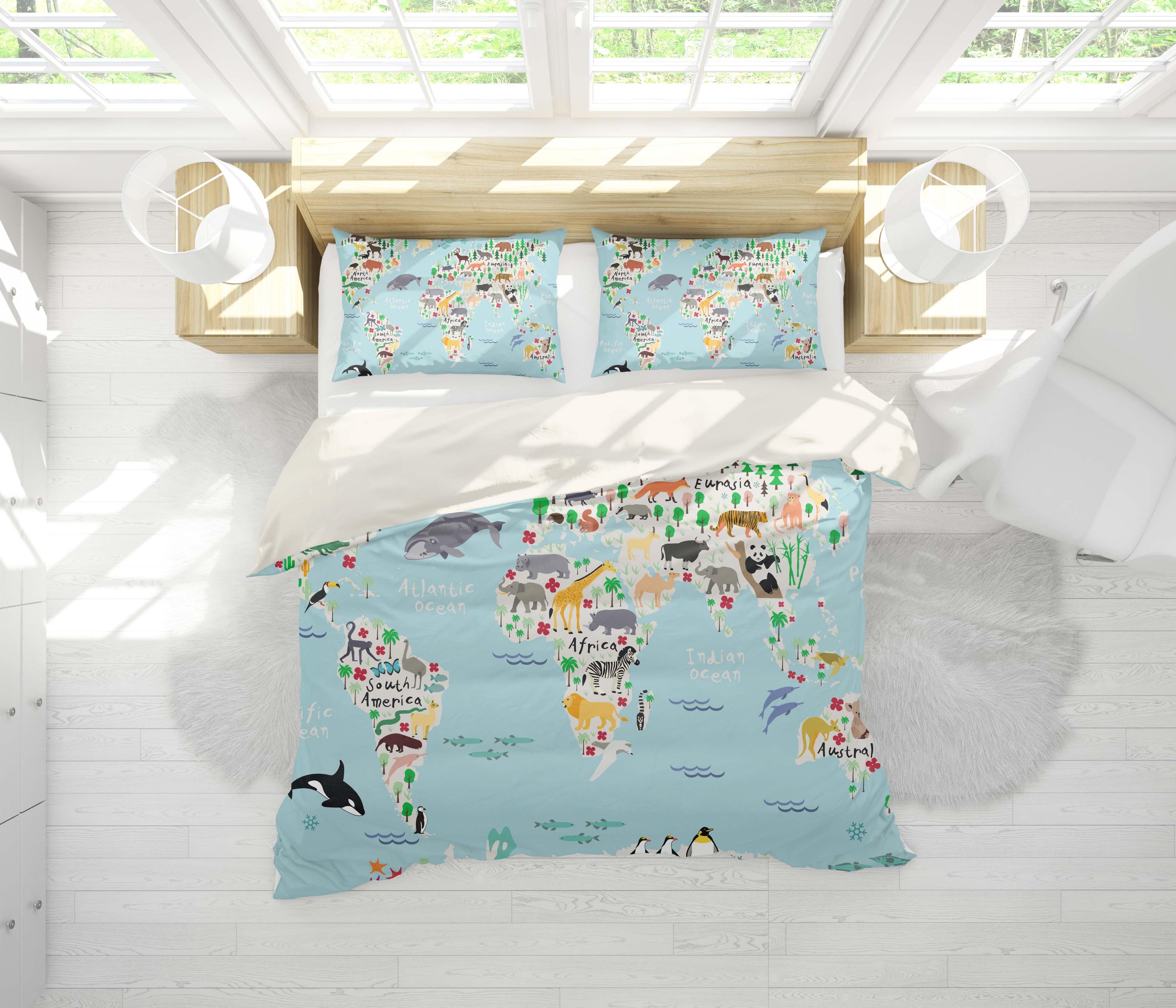 3D Animals World Map Quilt Cover Set Bedding Set Pillowcases 12- Jess Art Decoration