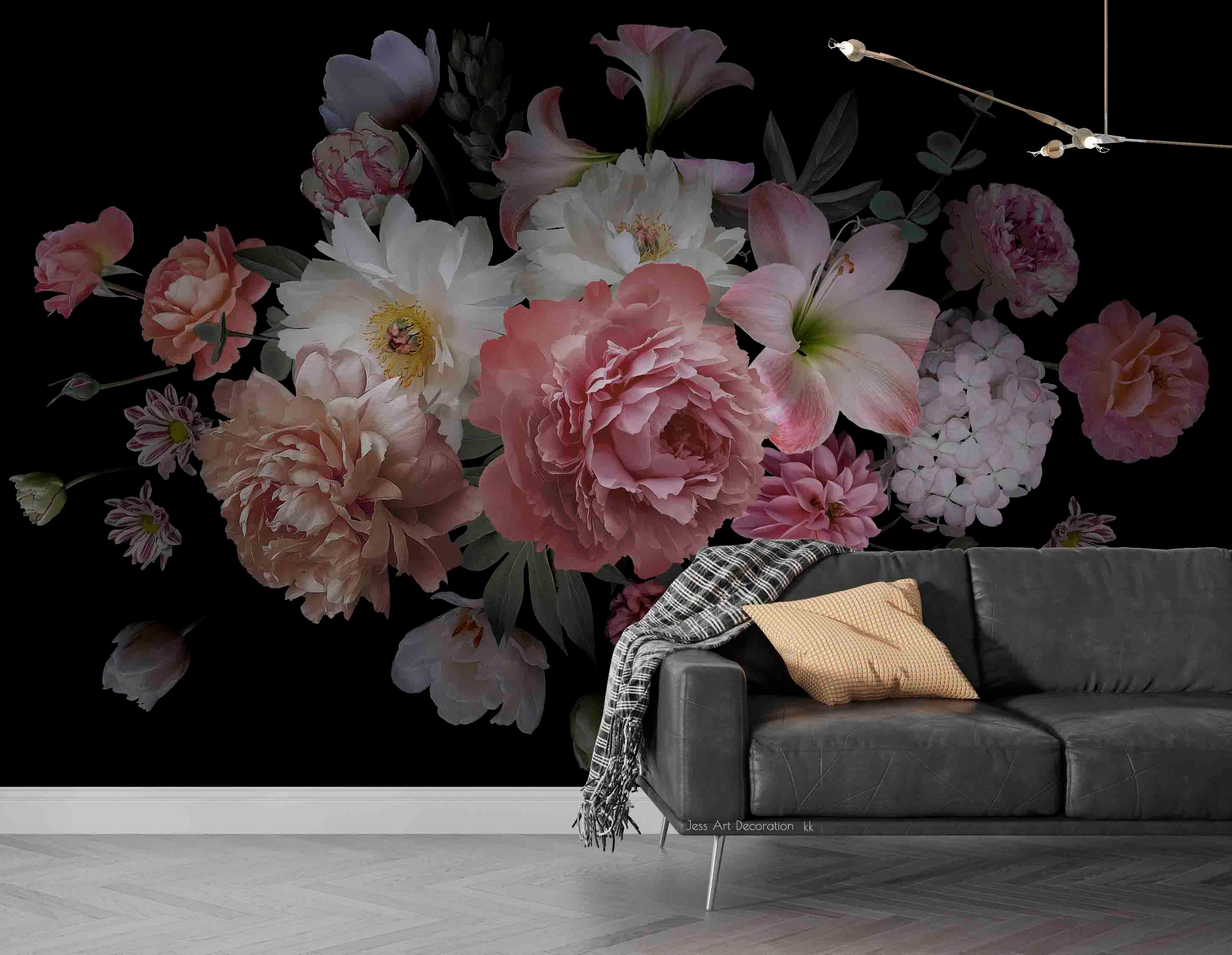 3D Blooming Pink Flowers Black Background Wall Mural Wallpaper GD 3544- Jess Art Decoration