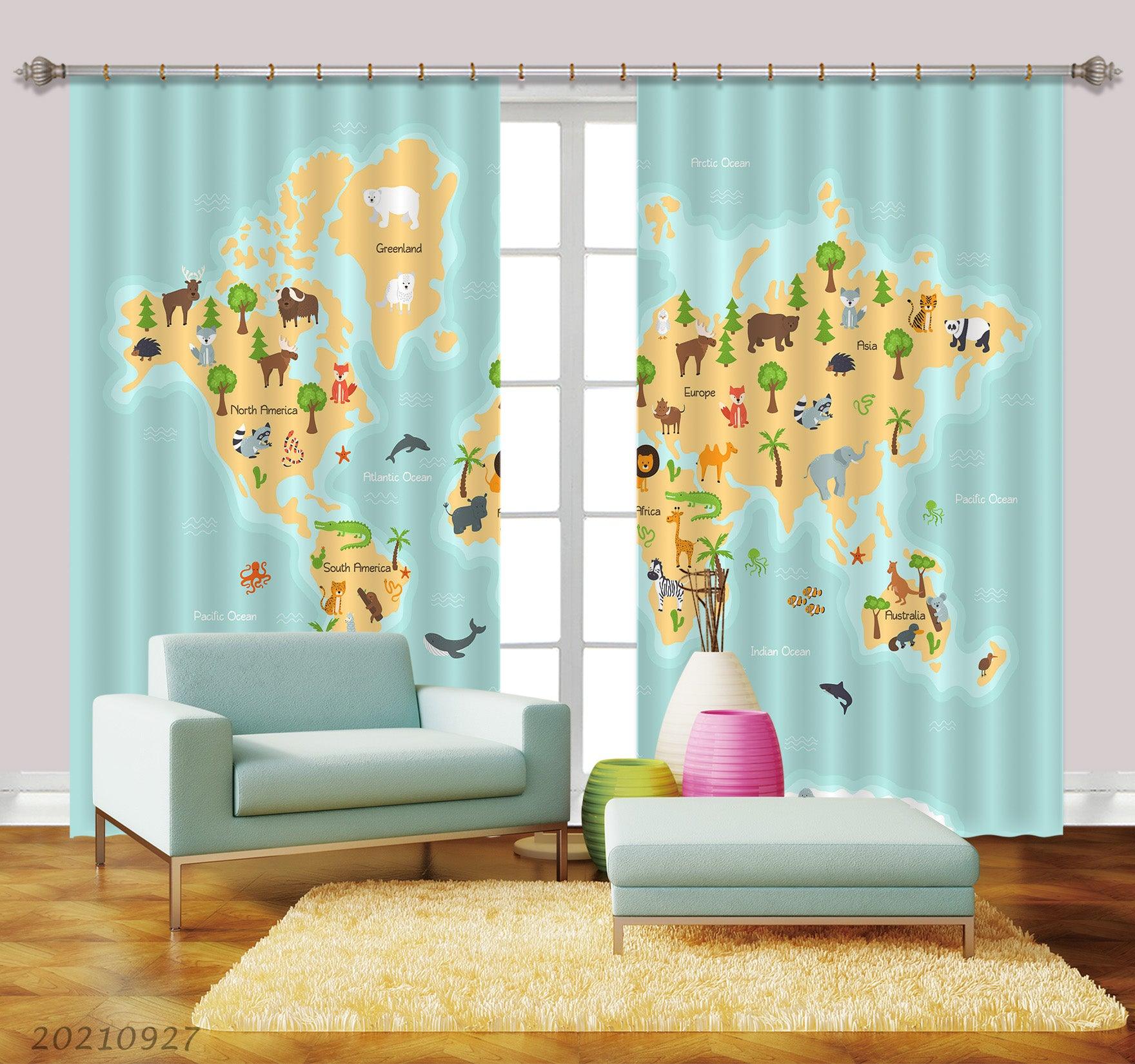 3D Green World Map Kids Curtains and Drapes LQH 208- Jess Art Decoration
