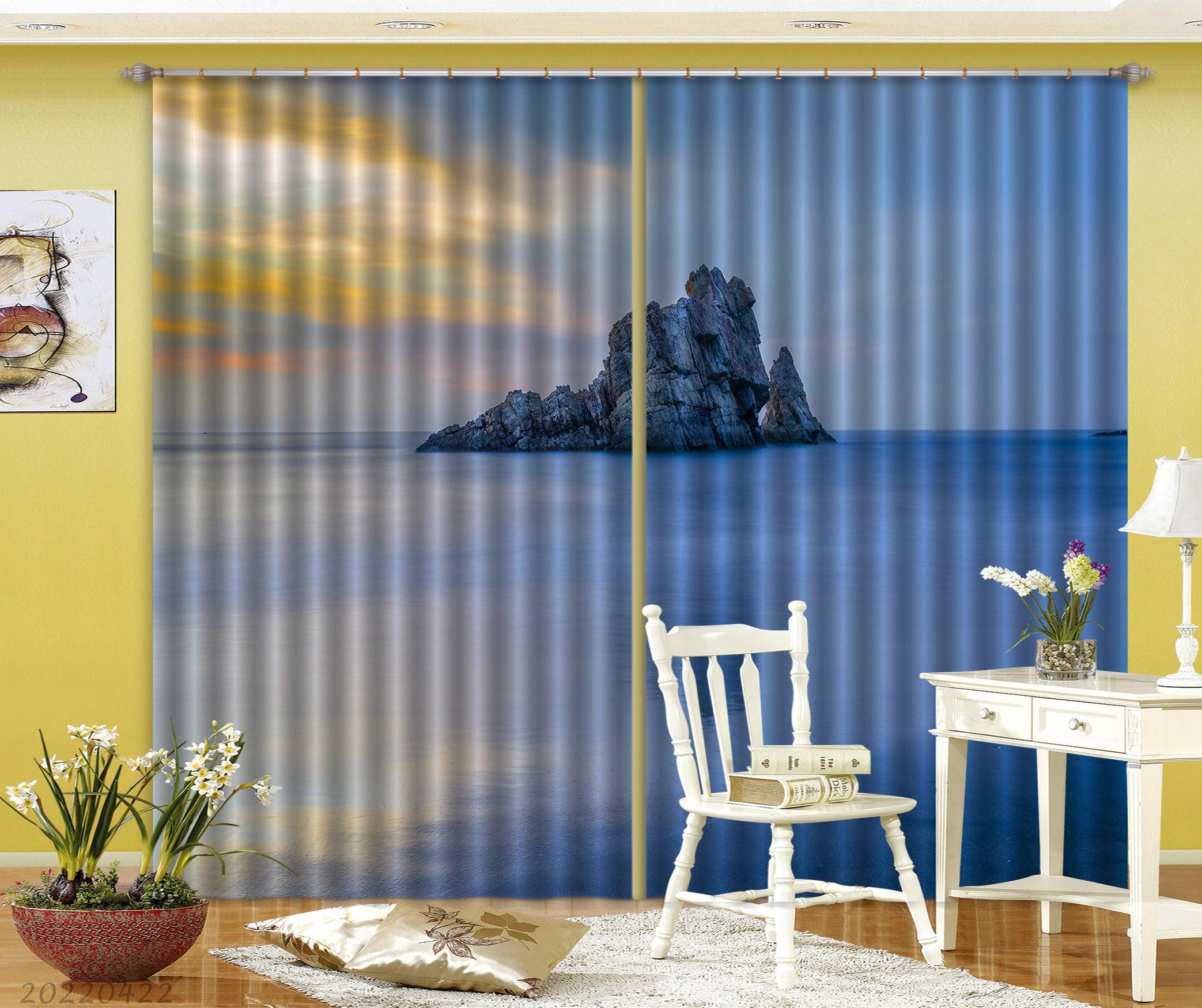 3D Landscape Ocean Rock Island Sunrise Curtains and Drapes GD 4238- Jess Art Decoration