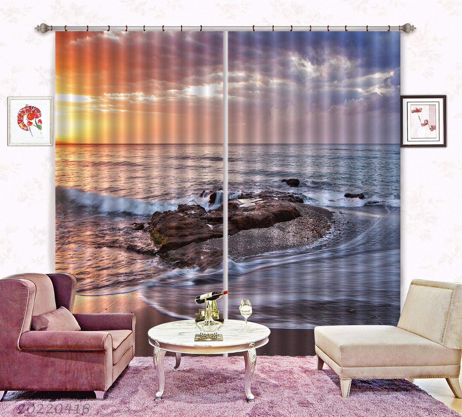 3D Landscape Ocean Reef Wave Golden Skyline Cloudy Curtains and Drapes GD 4390- Jess Art Decoration