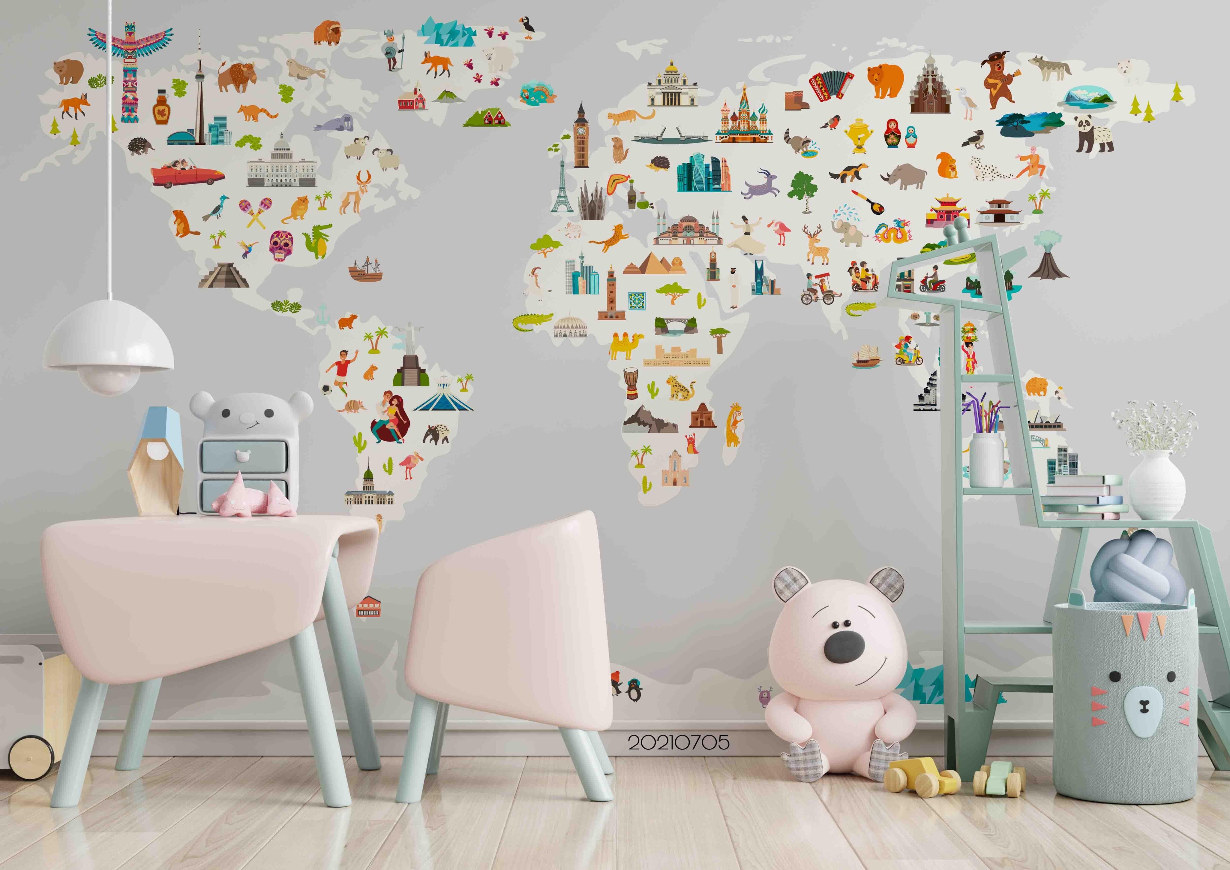 3D Cartoon World Map Wall Mural Wallpaper LQH 113- Jess Art Decoration