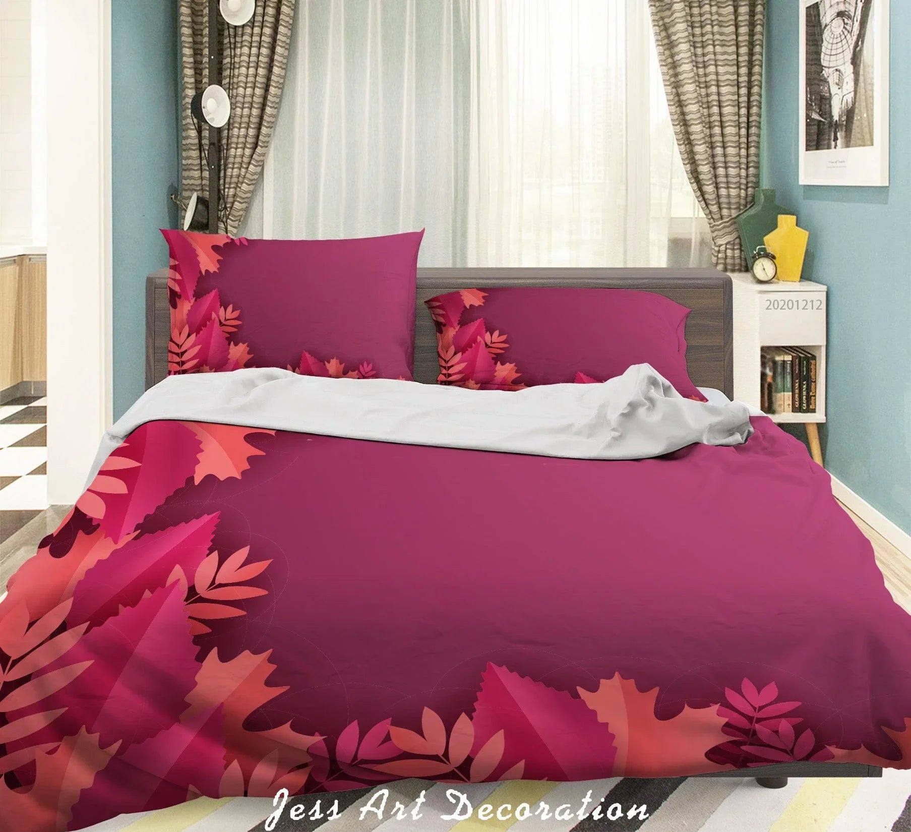 3D Botanical Pink Leaves Plant Quilt Cover Set Bedding Set Duvet Cover Pillowcases LXL- Jess Art Decoration