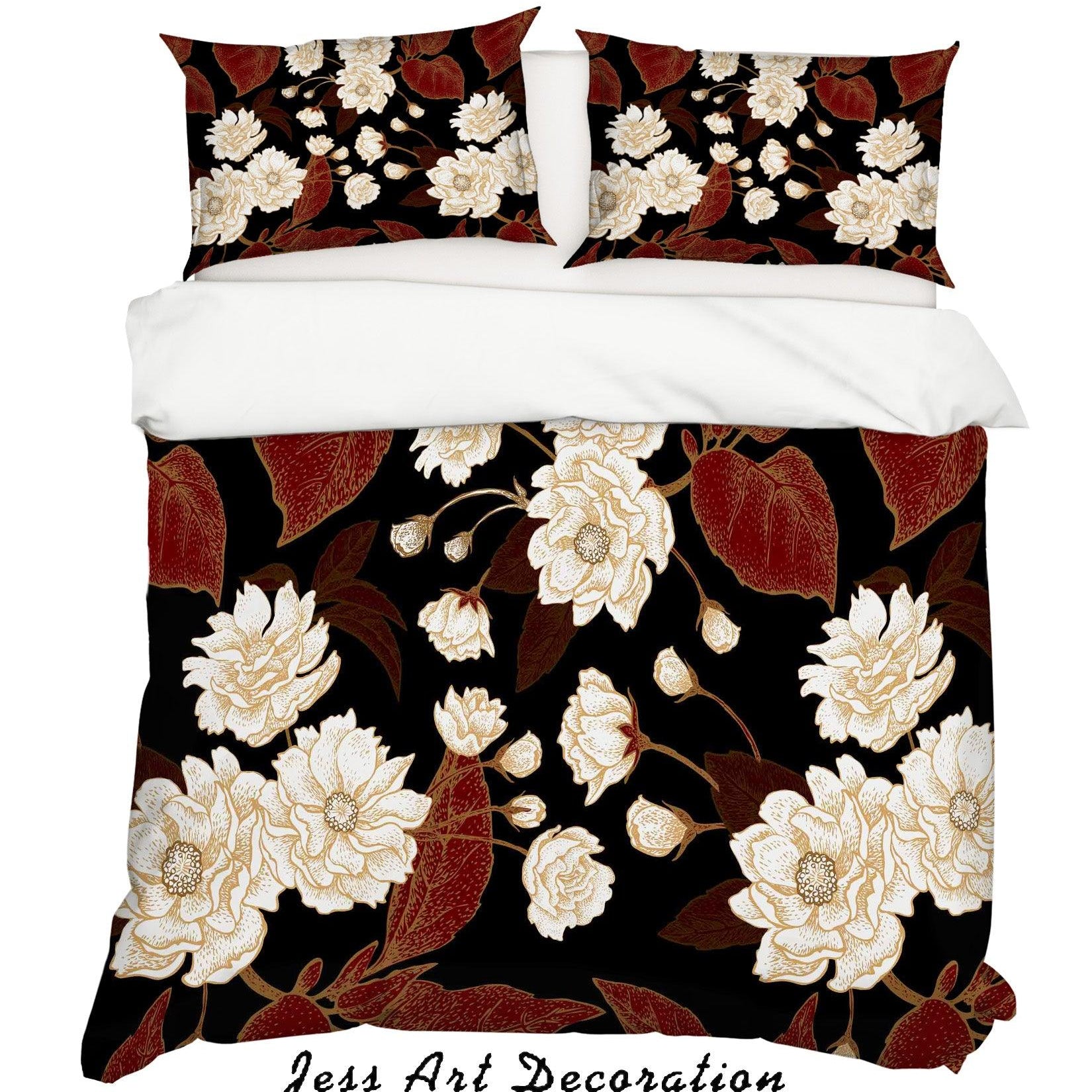 3D White Floral Red Leaves Quilt Cover Set Bedding Set Pillowcases 14- Jess Art Decoration