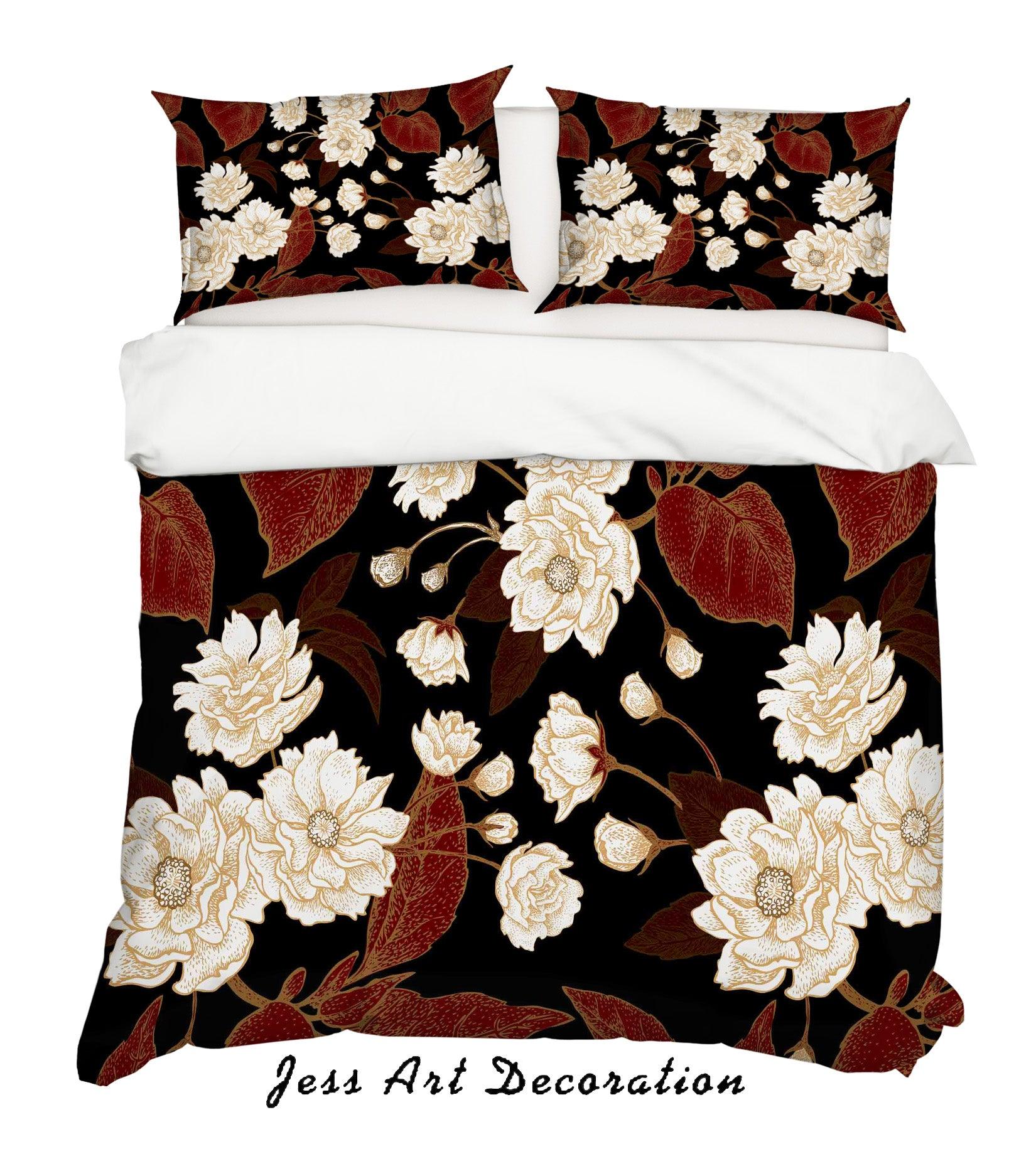 3D White Floral Red Leaves Quilt Cover Set Bedding Set Pillowcases 14- Jess Art Decoration