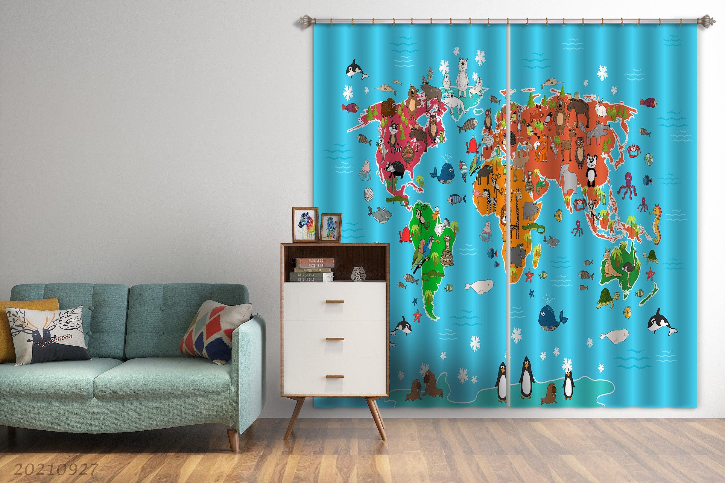3D Blue World Map Kids Curtains and Drapes LQH 174- Jess Art Decoration