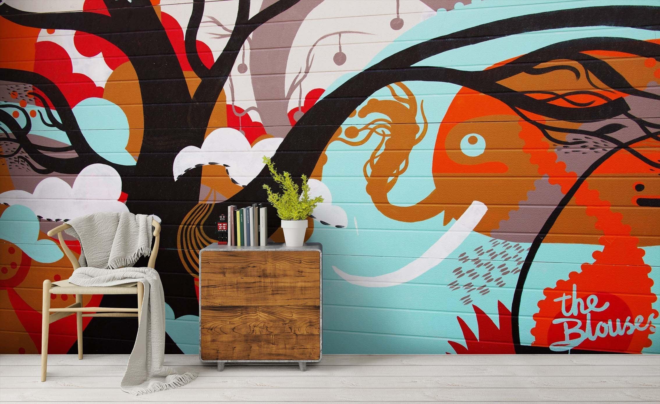 3D Abstract Cartoon Freehand Sketching Tree Elephant Wall Mural Wallpaper ZY D37- Jess Art Decoration