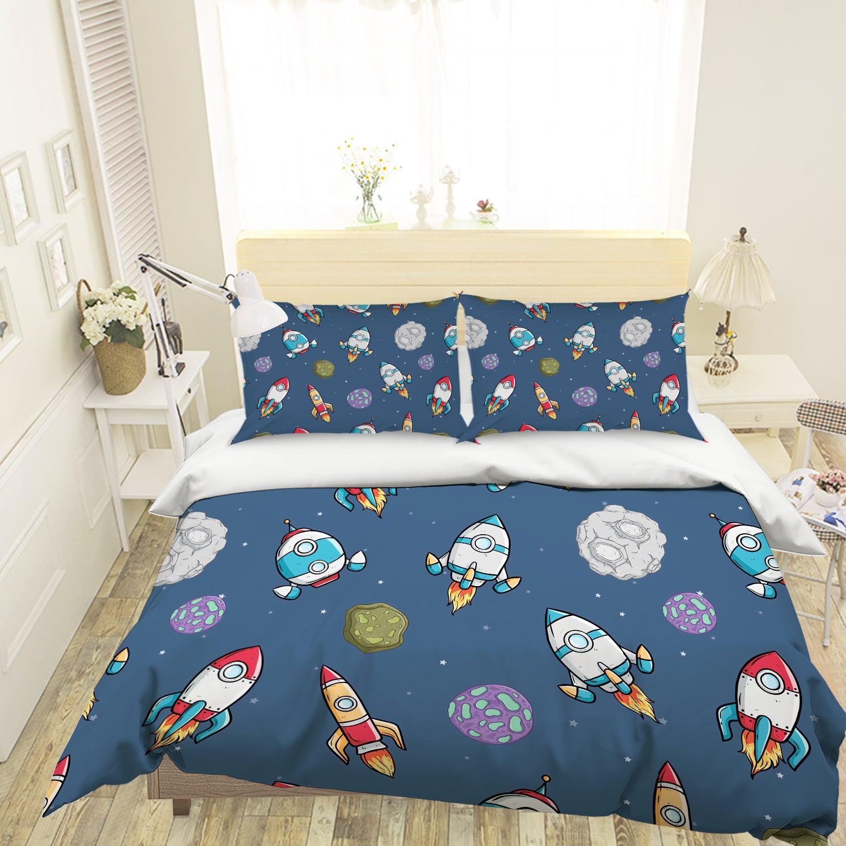 3D Cartoon Space Rocket Quilt Cover Set Bedding Set Pillowcases 114- Jess Art Decoration