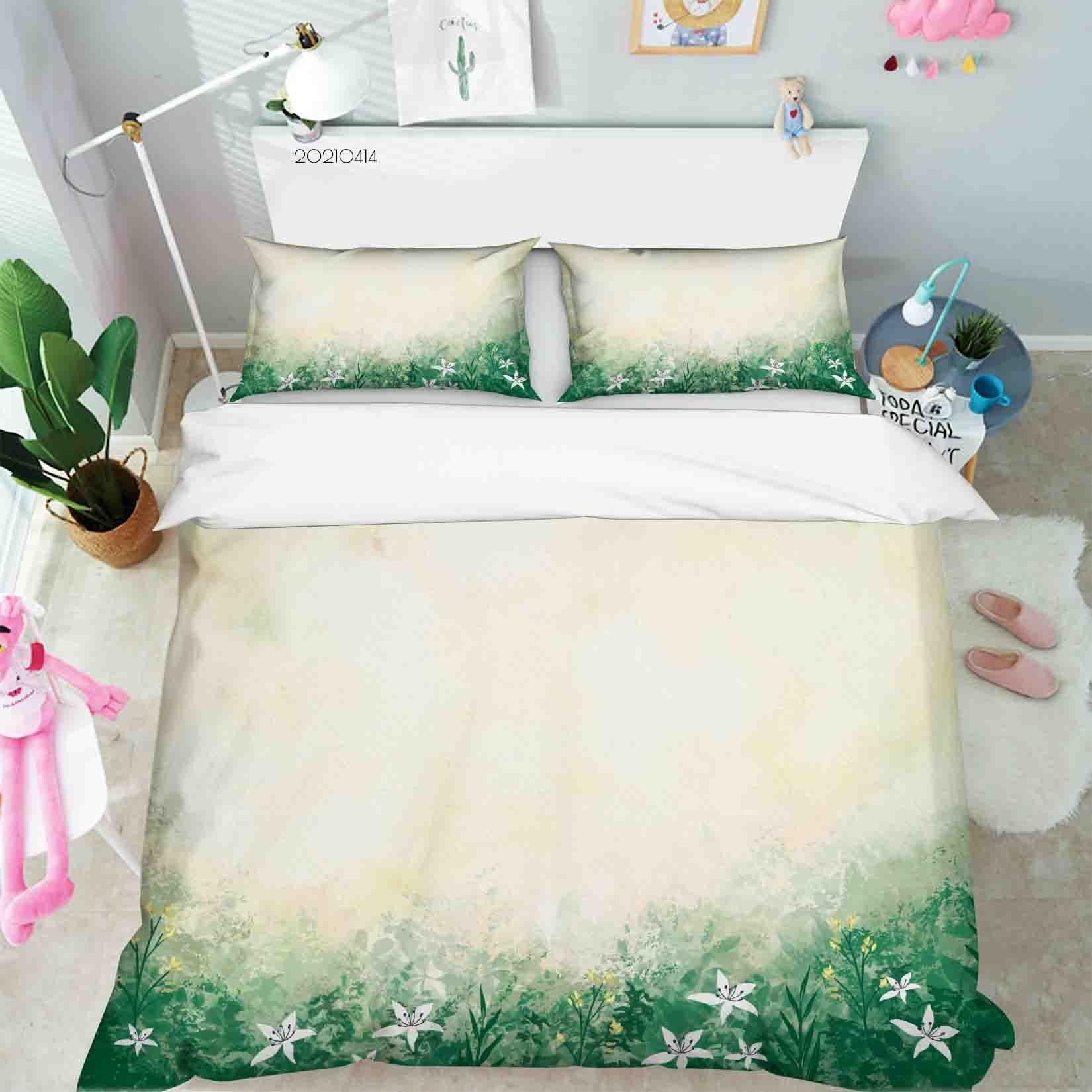 3D Watercolor Green Leaf Floral Quilt Cover Set Bedding Set Duvet Cover Pillowcases 7- Jess Art Decoration