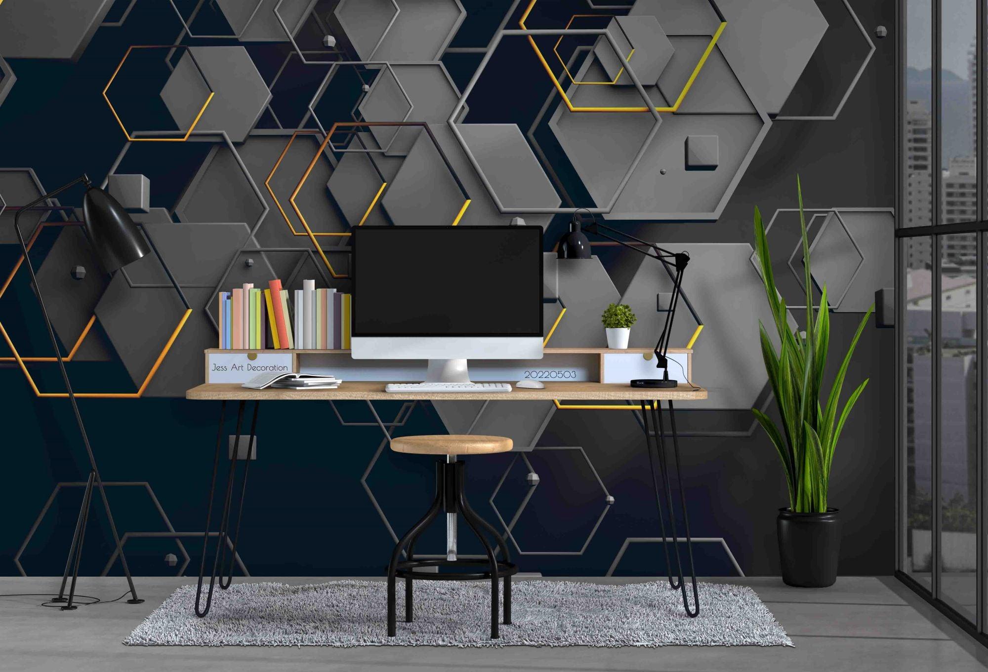 3D Black Geometric Hexagon Wall Mural Wallpaper  SWW  205- Jess Art Decoration