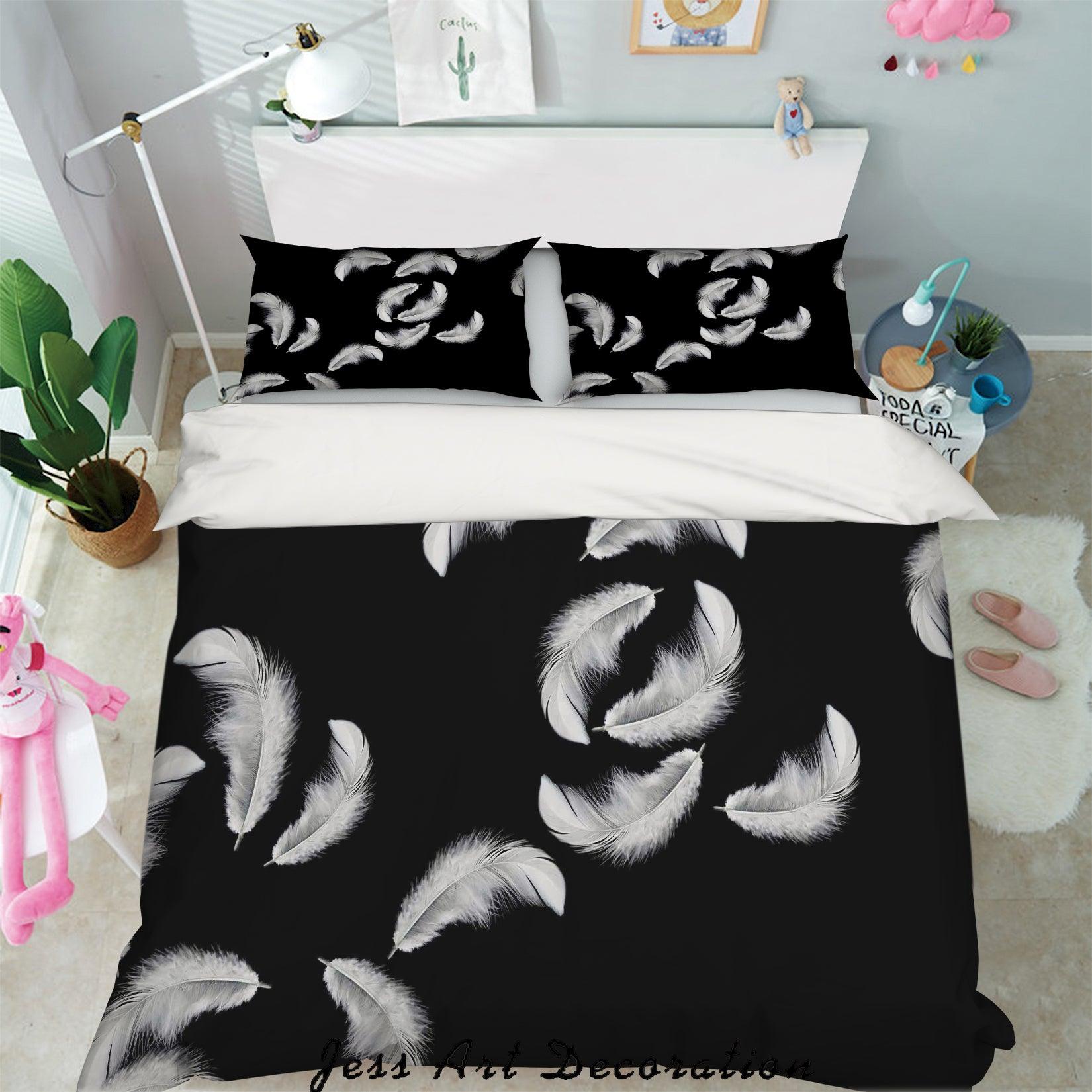 3D White Feathers Black Quilt Cover Set Bedding Set Pillowcases 12- Jess Art Decoration