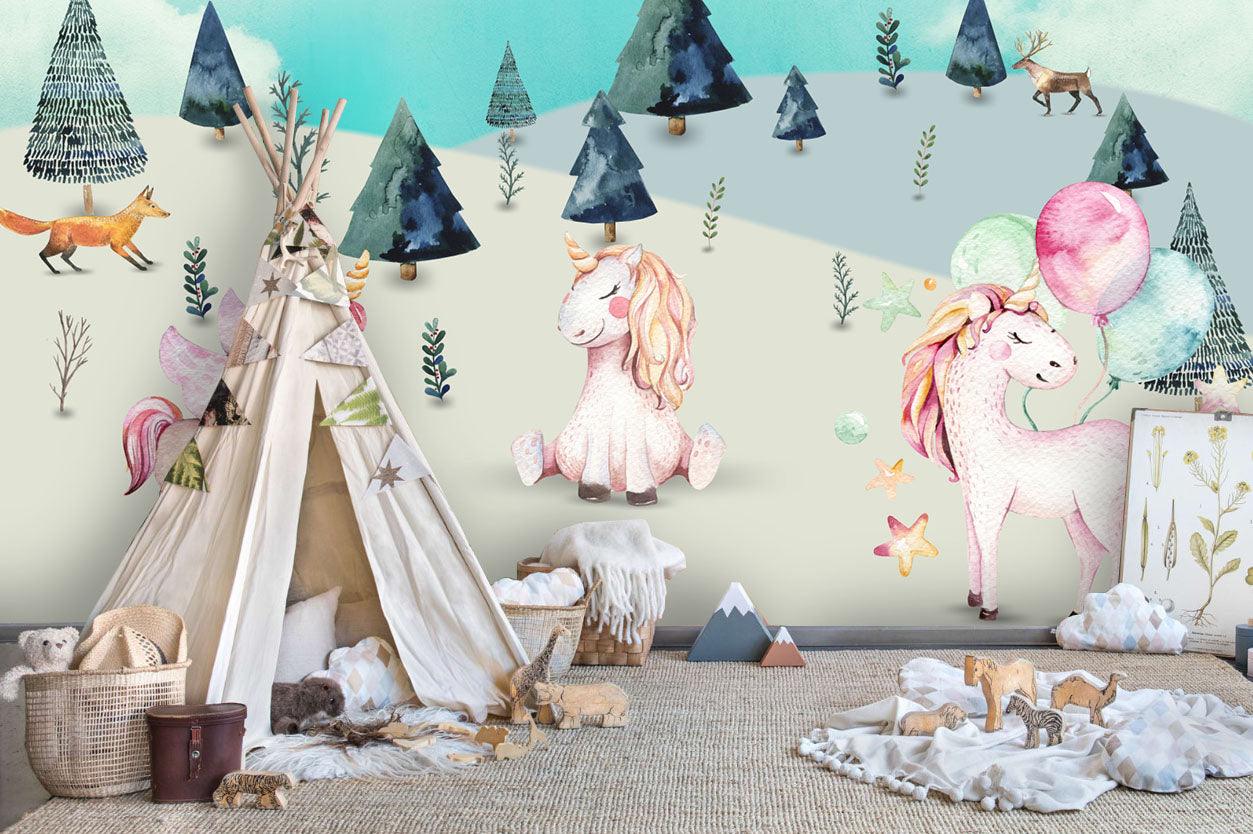 3D cartoon forest unicorn wall mural wallpaper 07- Jess Art Decoration