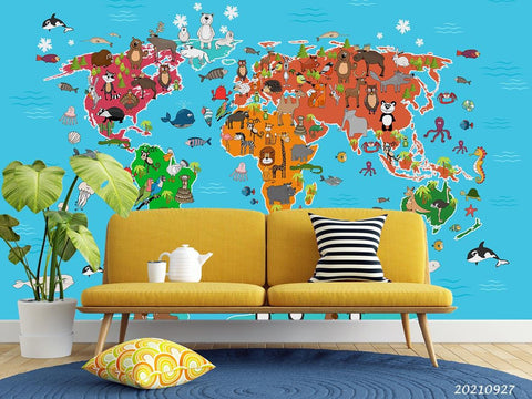 3D Blue World Map Animals Kids Wall Mural Wallpaper LQH 155- Jess Art Decoration