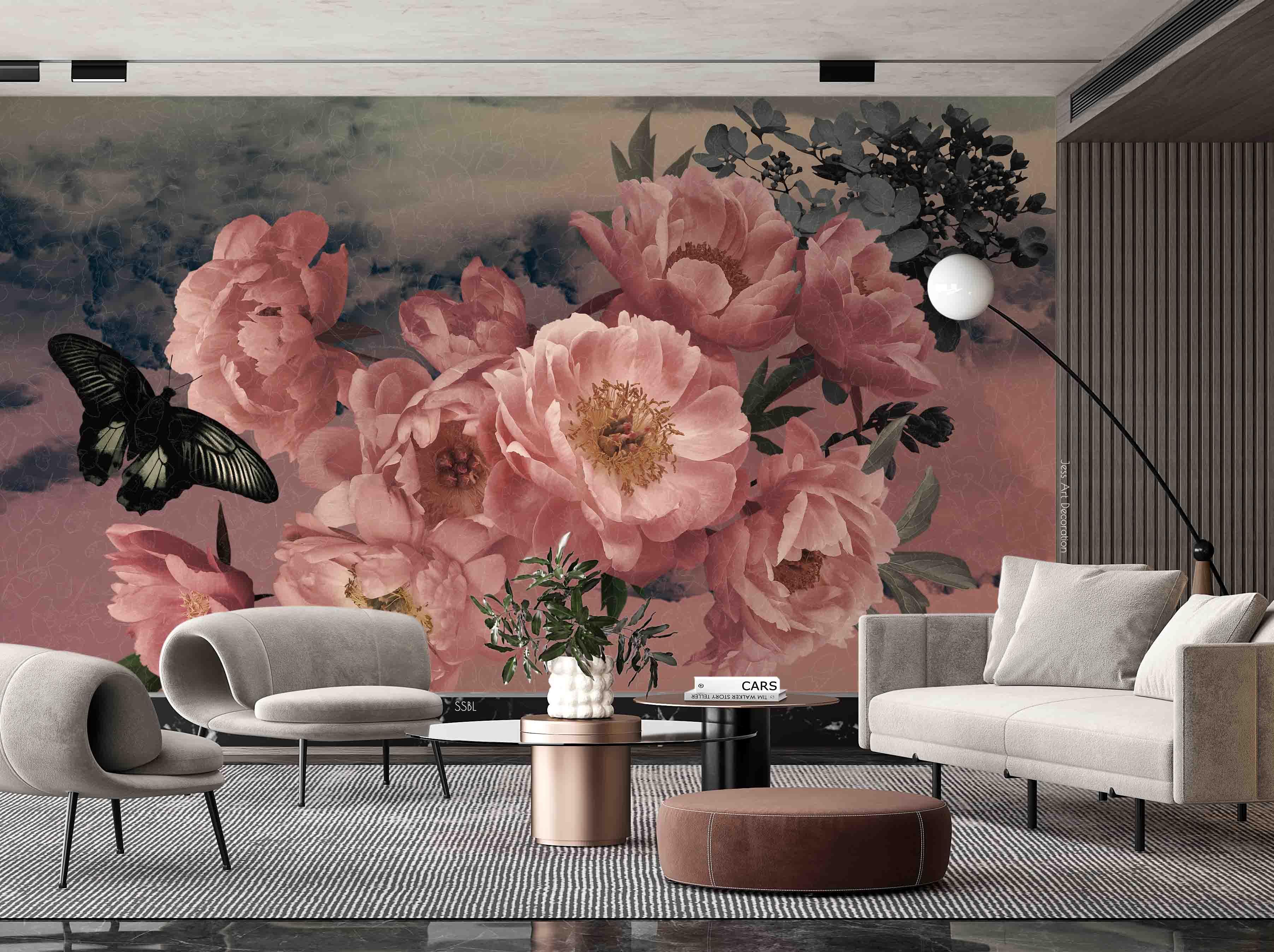 3D Vintage Baroque Art Blooming Pink Peony Black Butterfly Background Wall Mural Wallpaper GD 3566- Jess Art Decoration