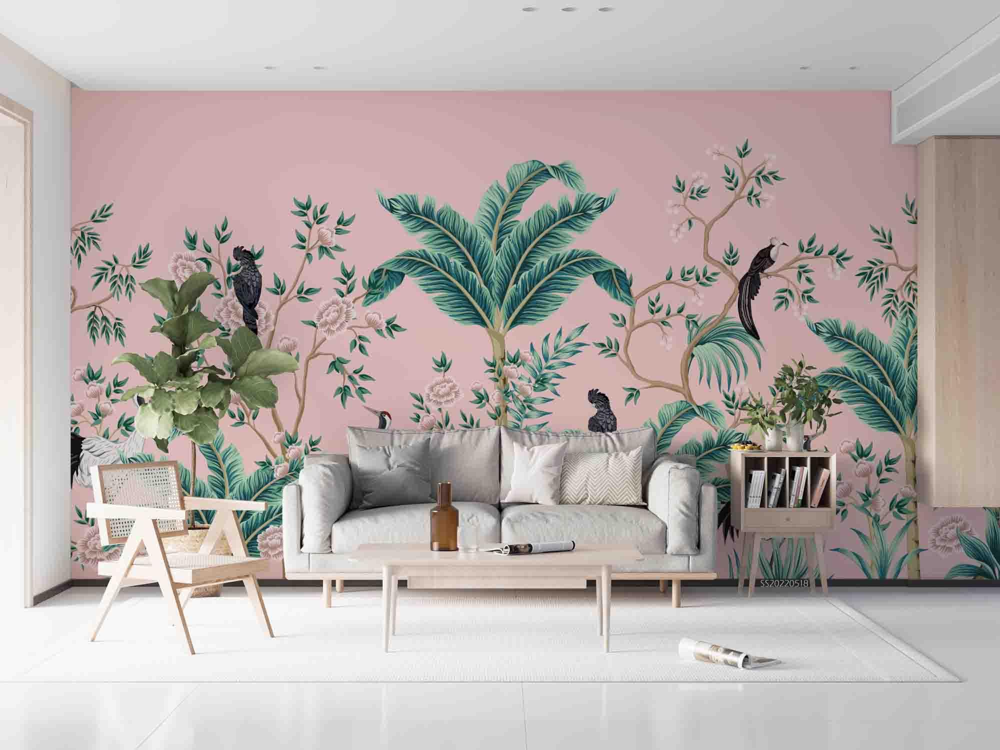 3D Pink Background Plant Bird Wall Mural Wallpaper  SWW  98- Jess Art Decoration