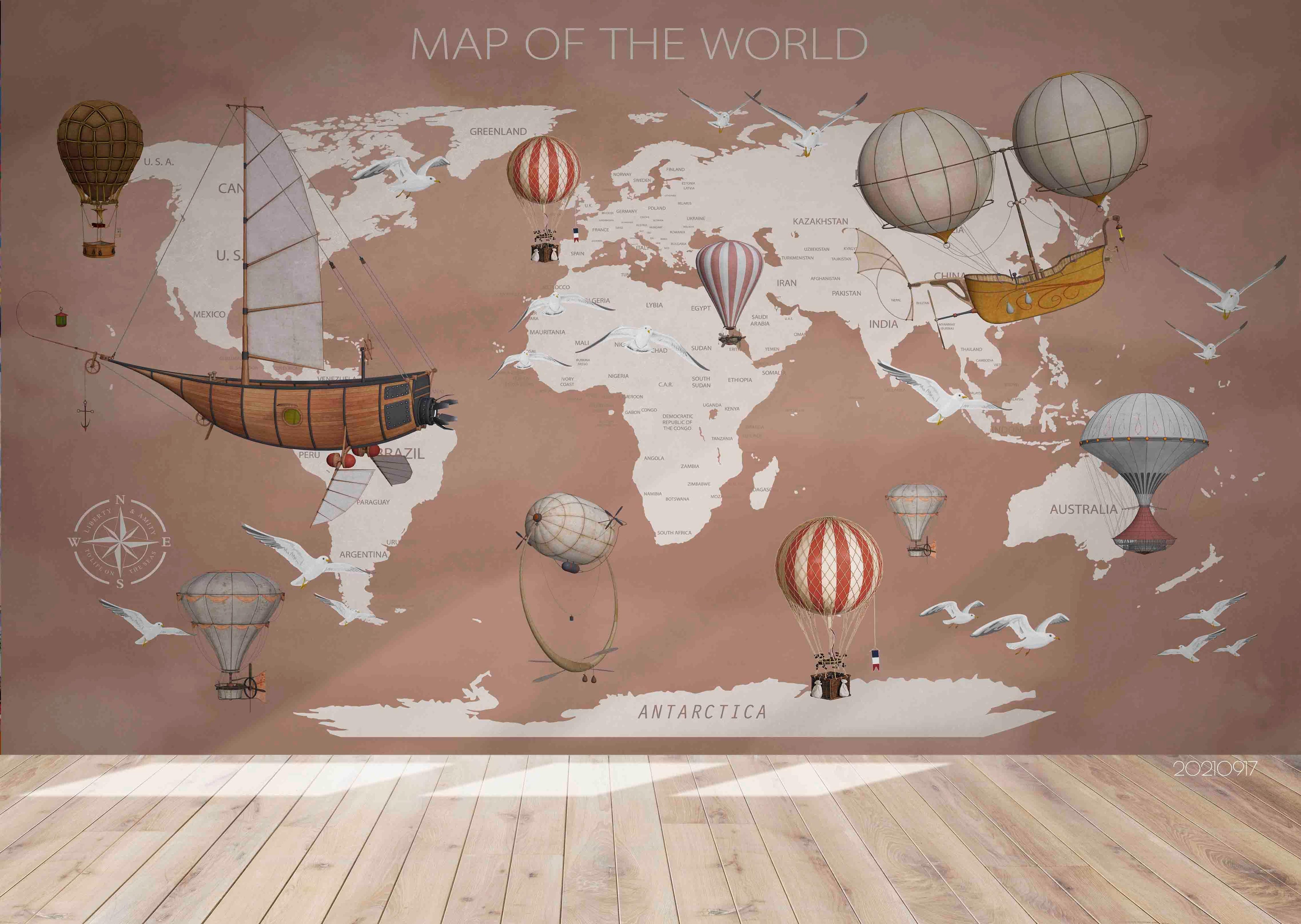 3D World Map Hot Air Balloon Wall Mural Wallpaper LQH 74- Jess Art Decoration