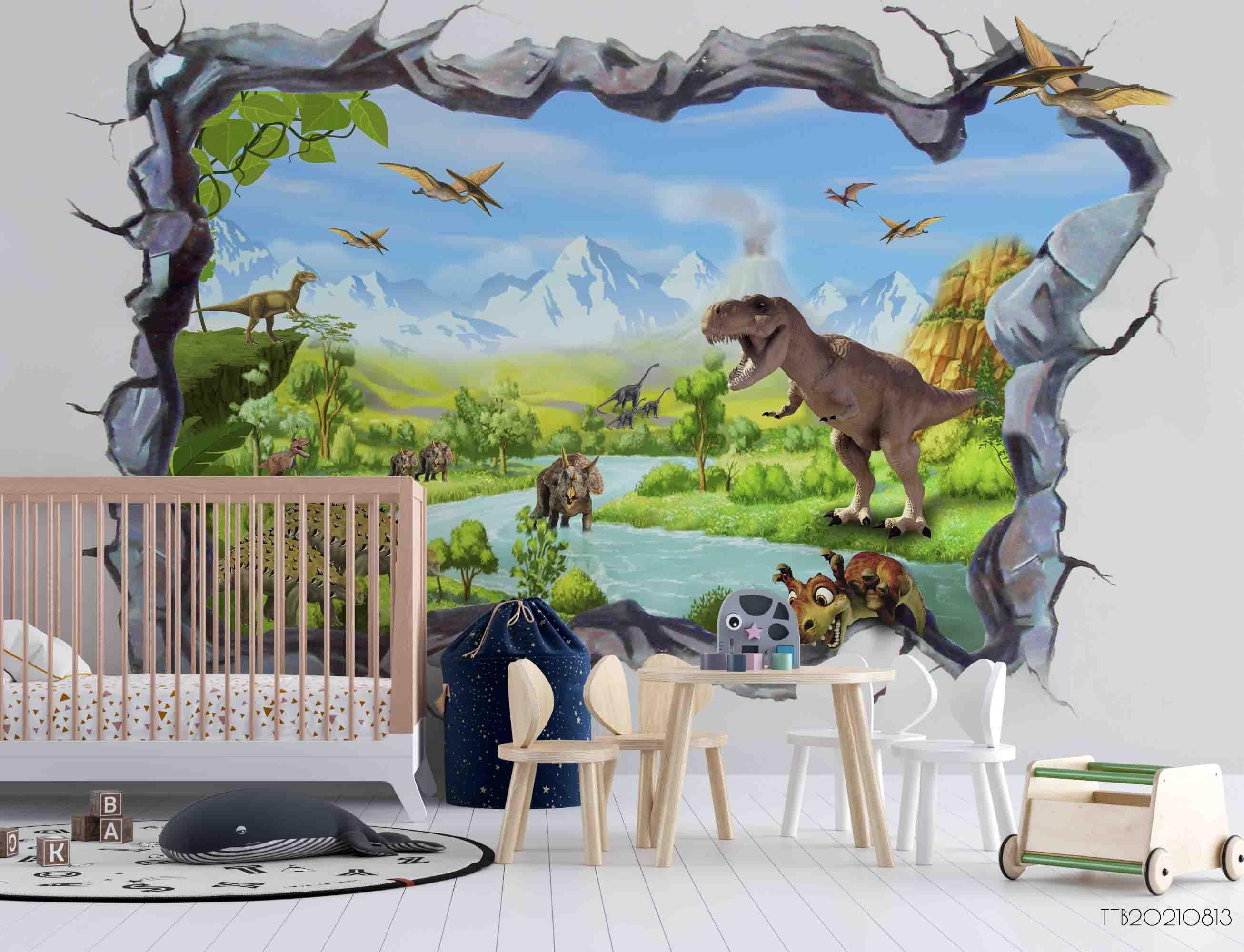 3D Destroyed Cartoon Rain Forest Dinosaur Wall Mural Wallpaper SWW5102- Jess Art Decoration