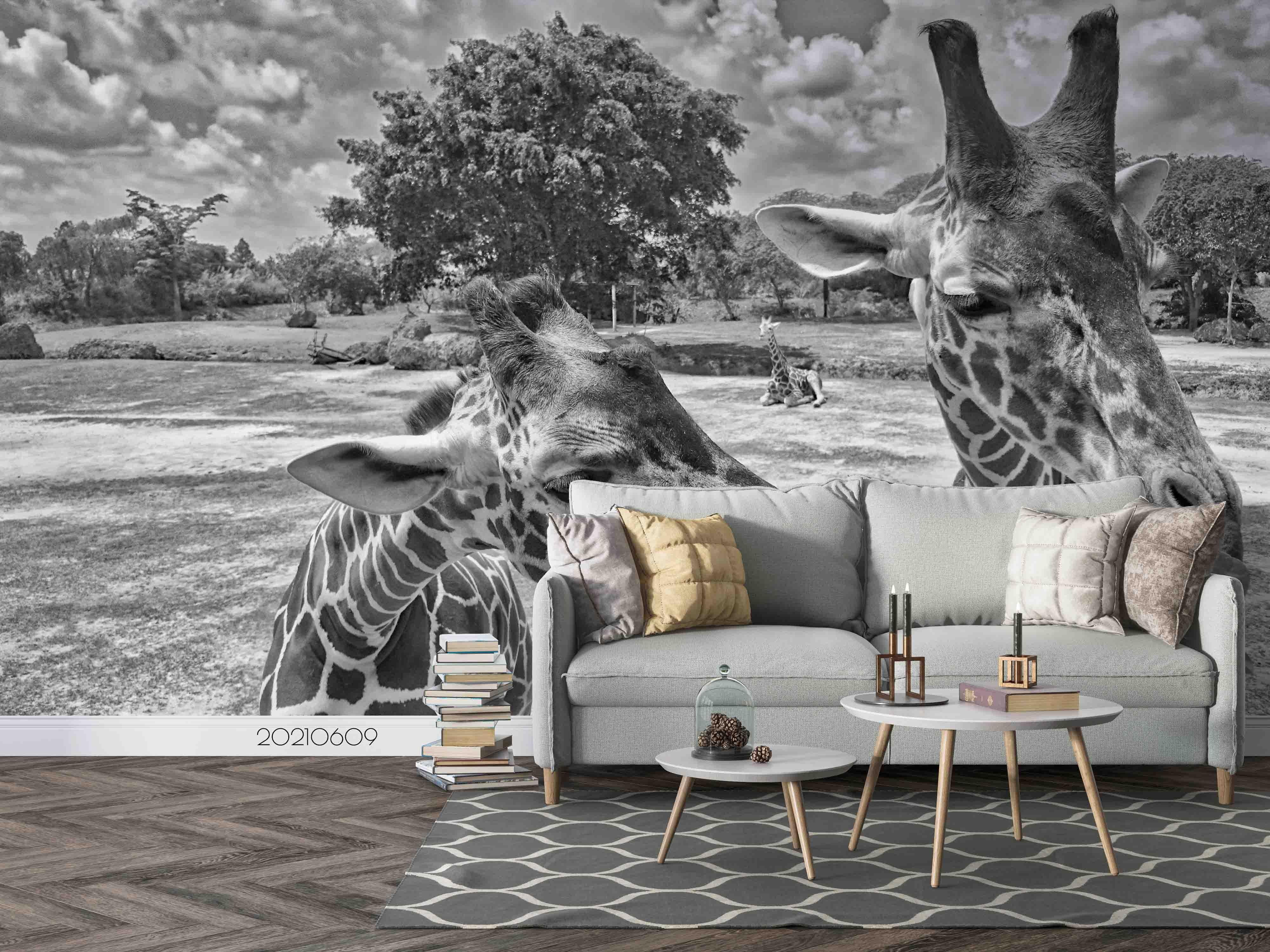 3D Grassland Giraffe Grey Wall Mural Wallpaper SWW1727- Jess Art Decoration