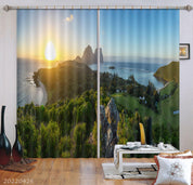 3D Landscape Mountain Green Forest Sea Sunrise Curtains and Drapes GD 4862- Jess Art Decoration