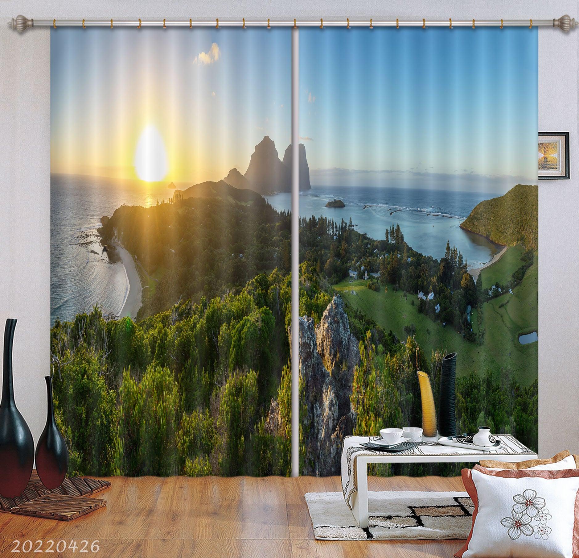 3D Landscape Mountain Green Forest Sea Sunrise Curtains and Drapes GD 4862- Jess Art Decoration