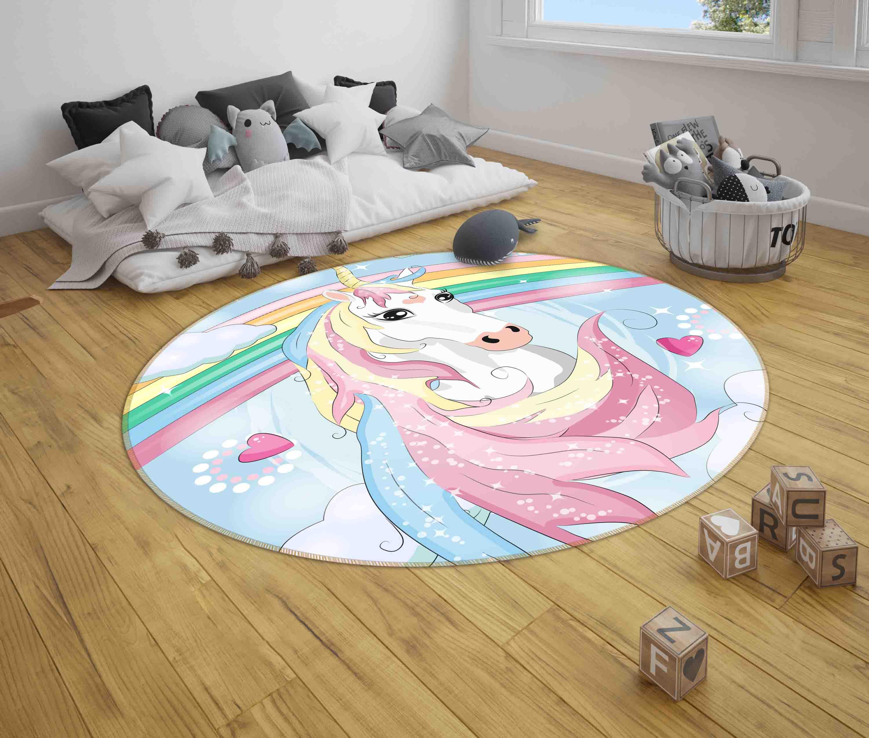 3D Cartoon Unicorn Rainbow Kids Non-Slip Round Rug Mat 68- Jess Art Decoration