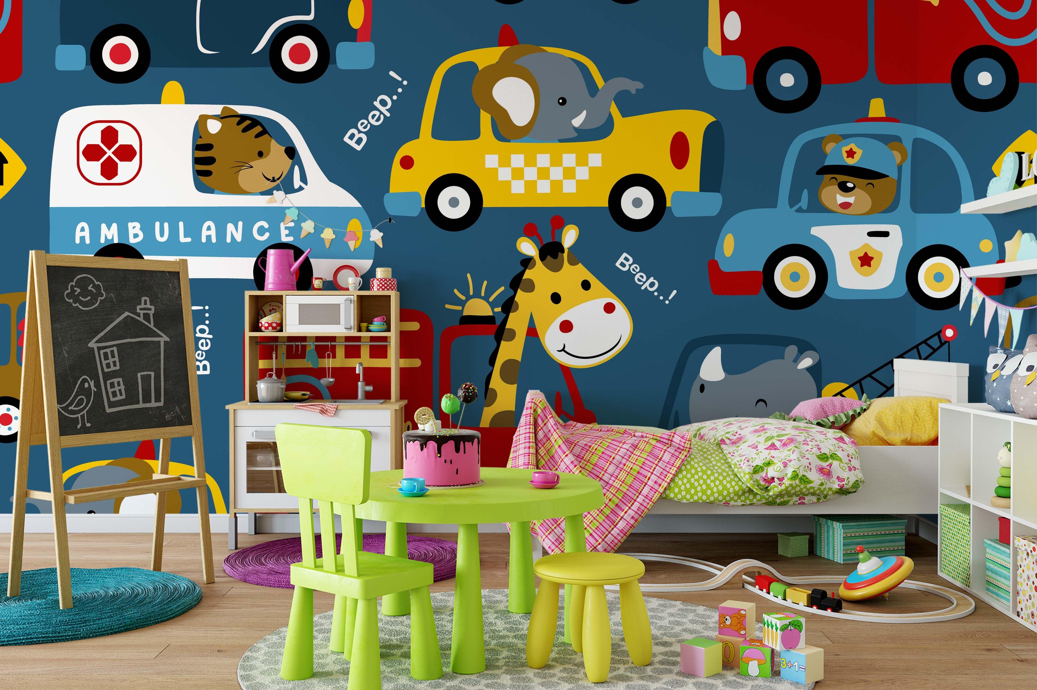 3D cartoon car animals wall mural wallpaper 39- Jess Art Decoration