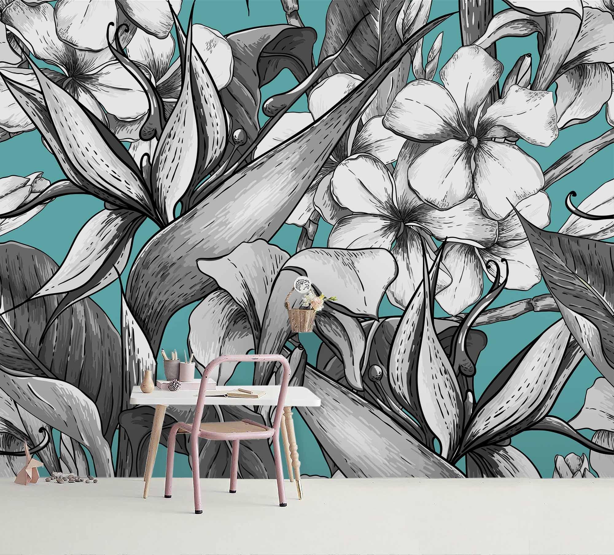 3D Hand Painted Grey Floral Wall Mural Wallpaper 2- Jess Art Decoration