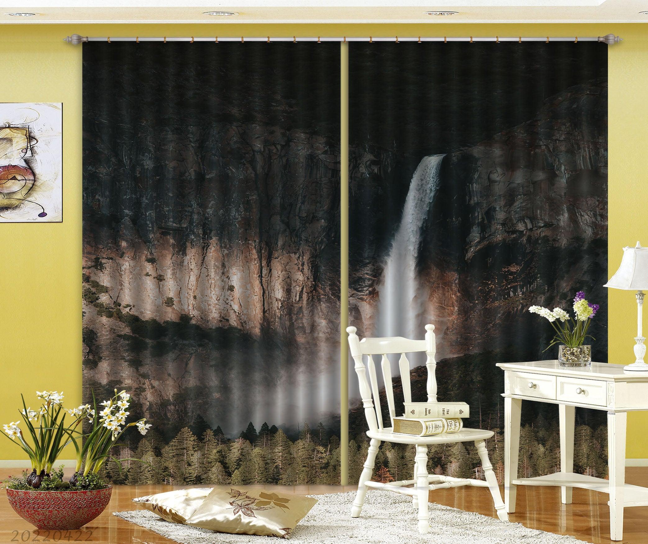 3D Landscape Mountain Rocky Waterfall Forest Curtains and Drapes GD 4253- Jess Art Decoration