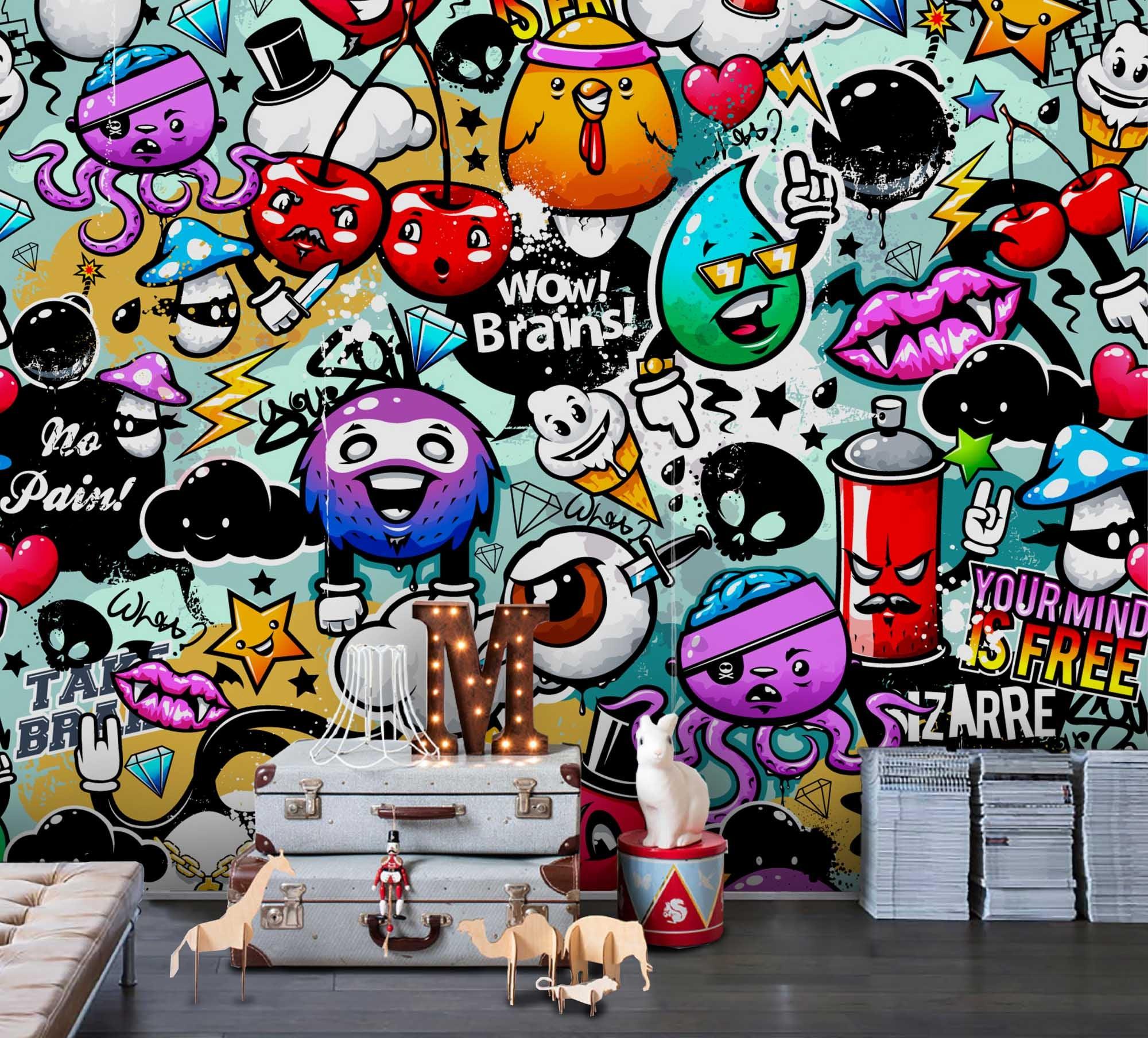 3D Cartoon Graffiti Octopus Brain Spray Can Wall Mural Wallpaper SF07- Jess Art Decoration