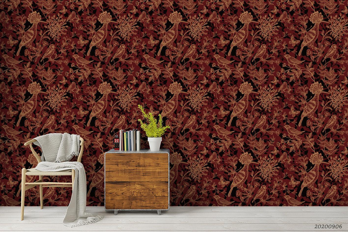 Vintage Bird Red Floral Leaves Plant Pattern Wall Mural Wallpaper LXL- Jess Art Decoration