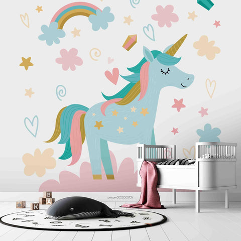 3D Cartoon Unicorn Rainbow Green Wall Mural Wallpaper A015 LQH- Jess Art Decoration