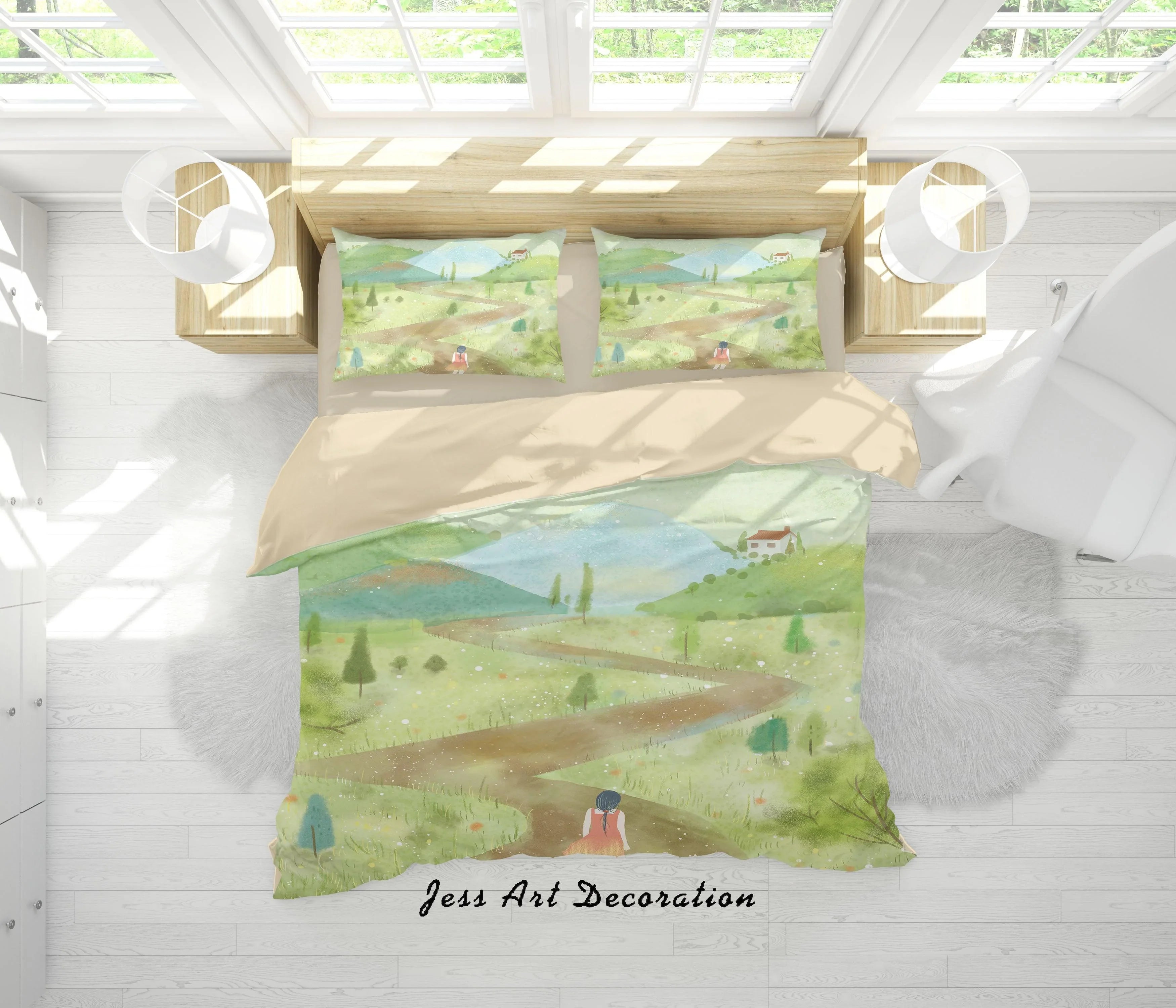 3D Cartoon Grass Road Girl Painting Quilt Cover Set Bedding Set Duvet Cover Pillowcases A573 LQH- Jess Art Decoration
