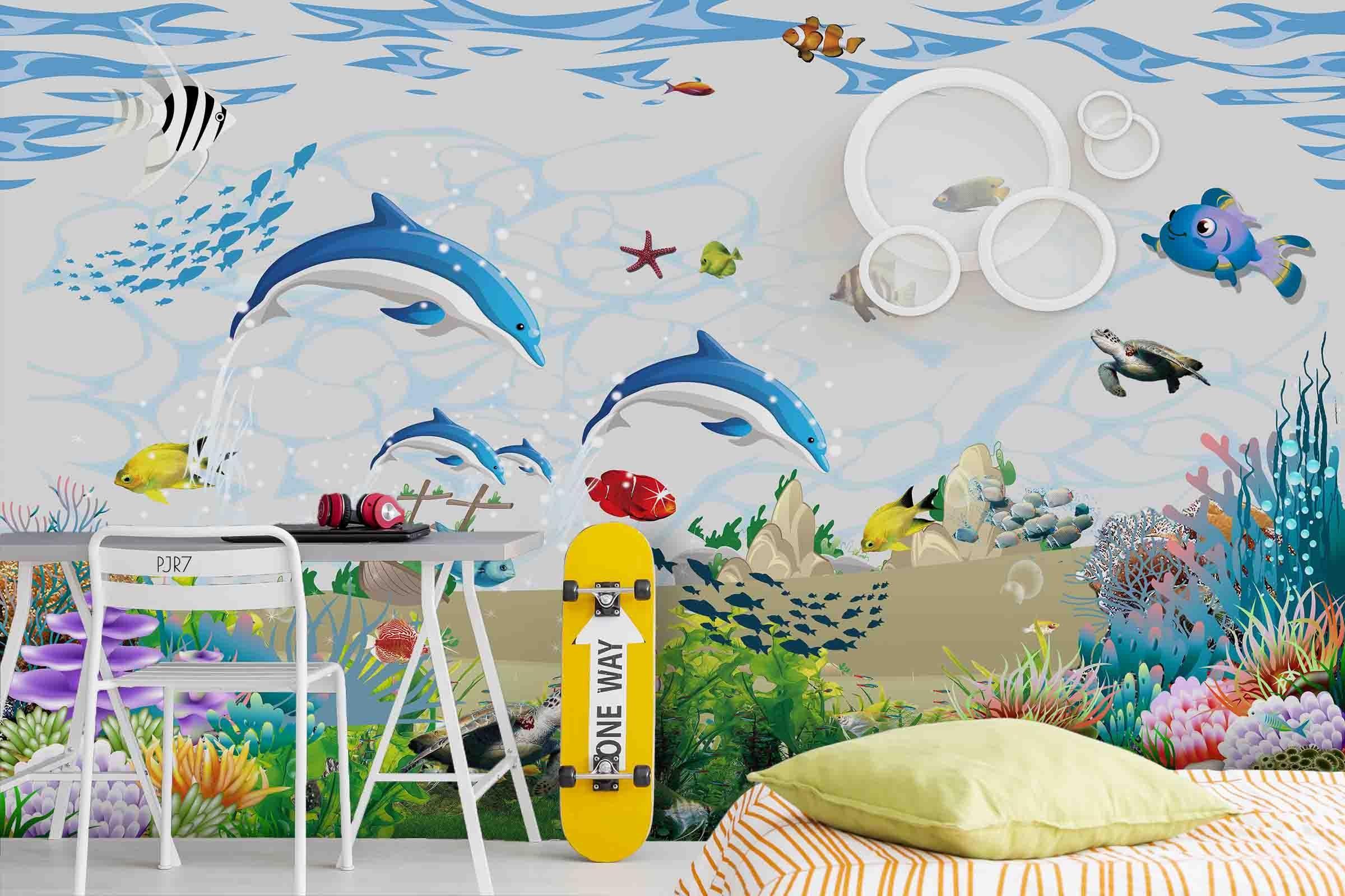 3D Dolphin Sea Fish cartoon dolphin sea life mural wall mural wallpaper for kids room