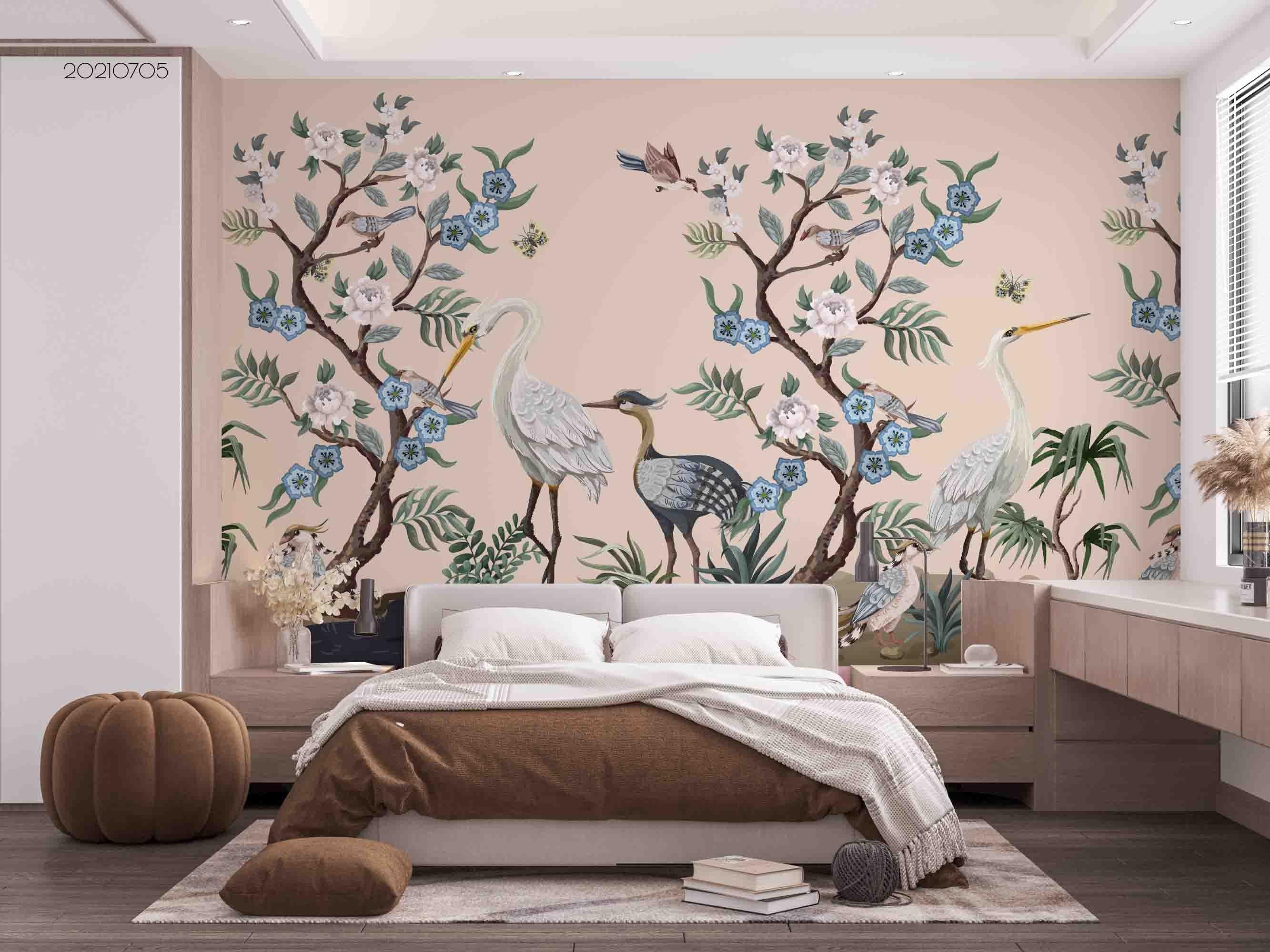 3D Hand Drawn Floral Tree Crane Wall Mural Wallpaper LQH 125- Jess Art Decoration
