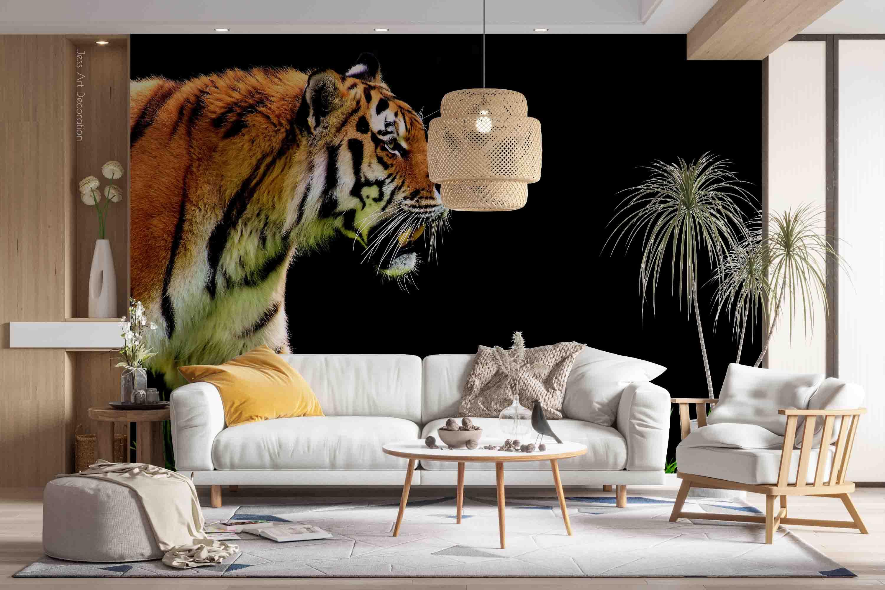 3D Golden Tiger Black Background Wall Mural Wallpaper GD 3099- Jess Art Decoration