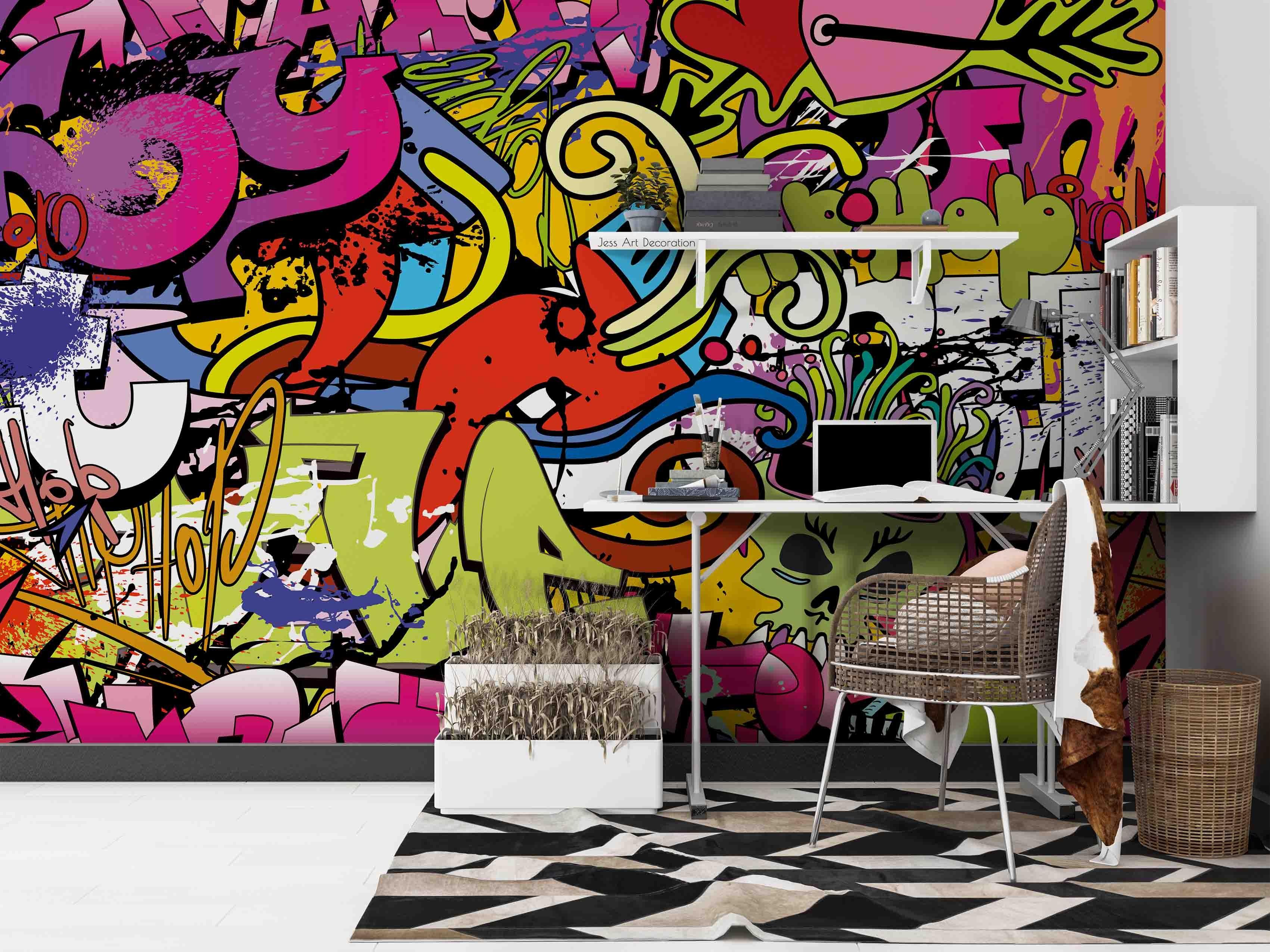 Graffiti Monster Alphabet Pattern Wallpaper typography graffiti wall mural for teen room or studio
