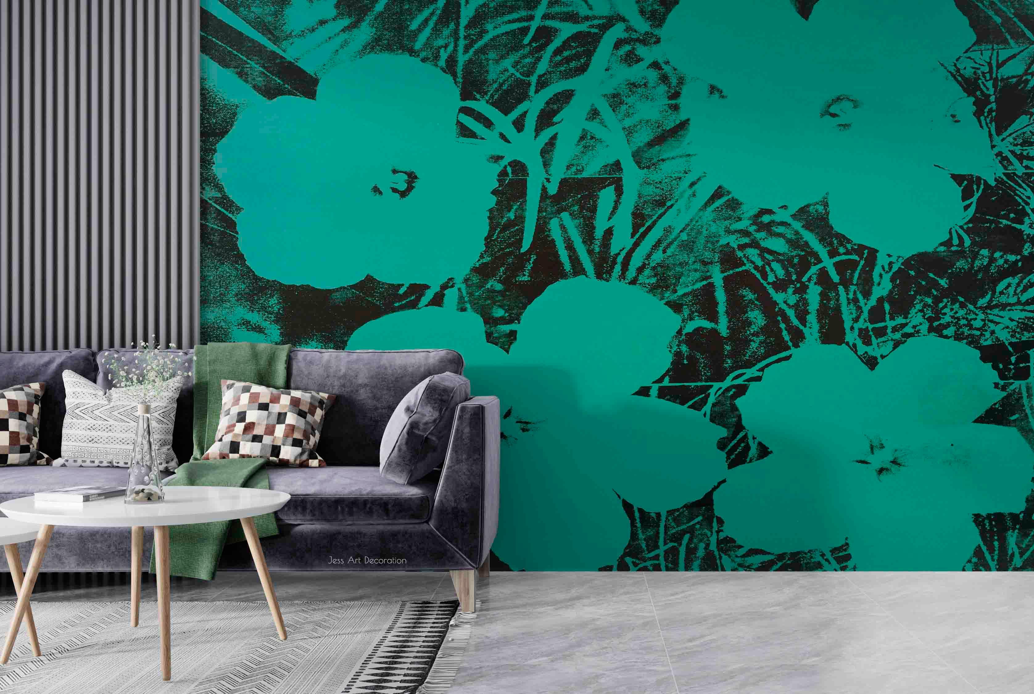 Green Flower Pattern Contemporary Wallpaper contemporary street art wall mural for creative room or feature wall - view 2
