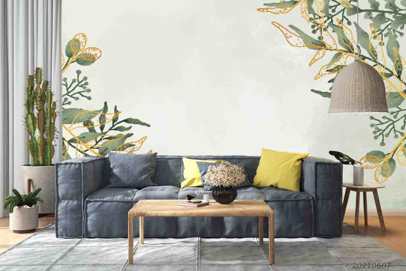 3D Hand Draw Plant Leaf  Paint Gold Wall Mural Wallpaper SWW1136- Jess Art Decoration