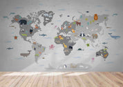 3D Grey World Map Animals Wall Mural Wallpaper LQH 297- Jess Art Decoration