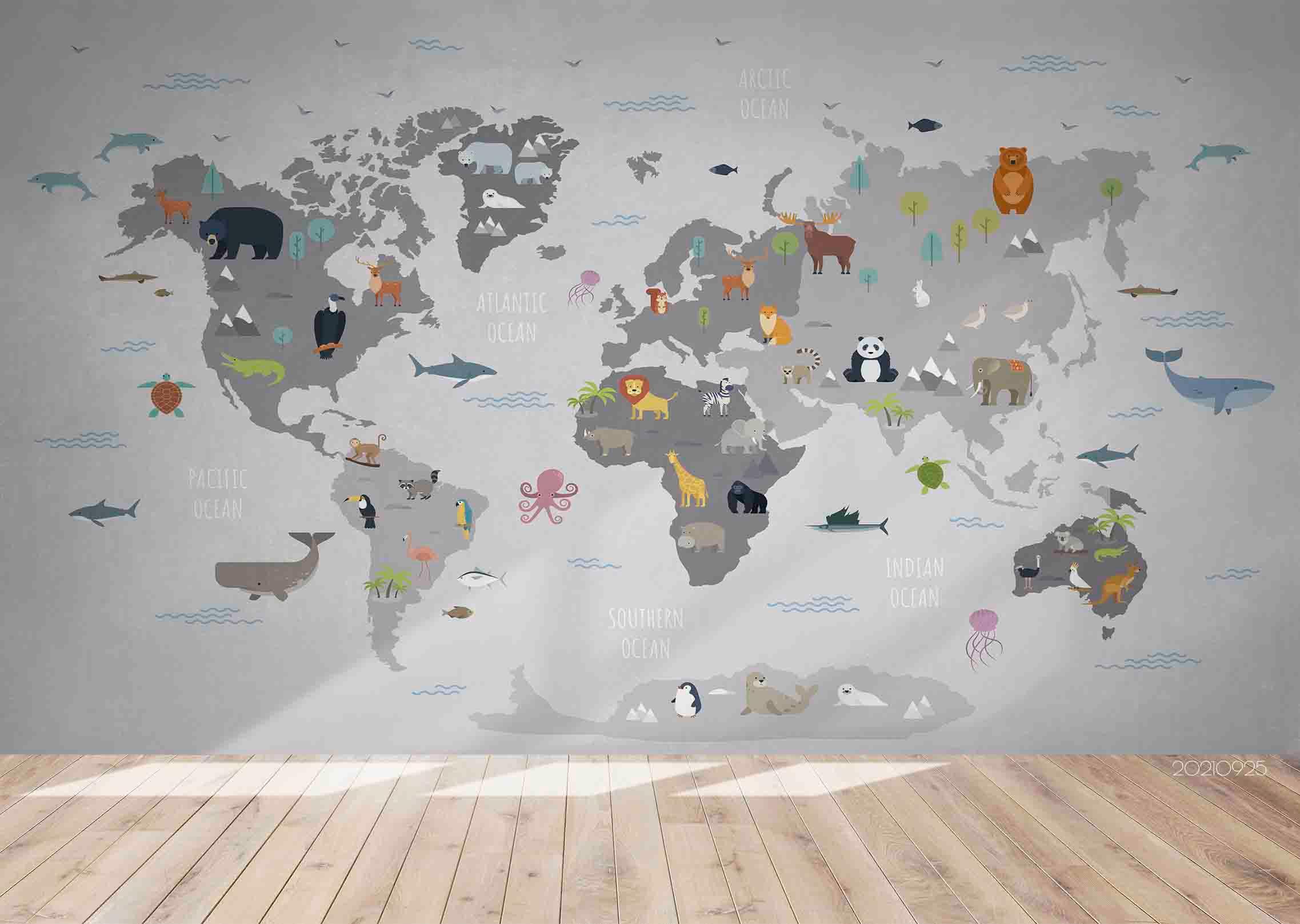 3D Grey World Map Animals Wall Mural Wallpaper LQH 297- Jess Art Decoration