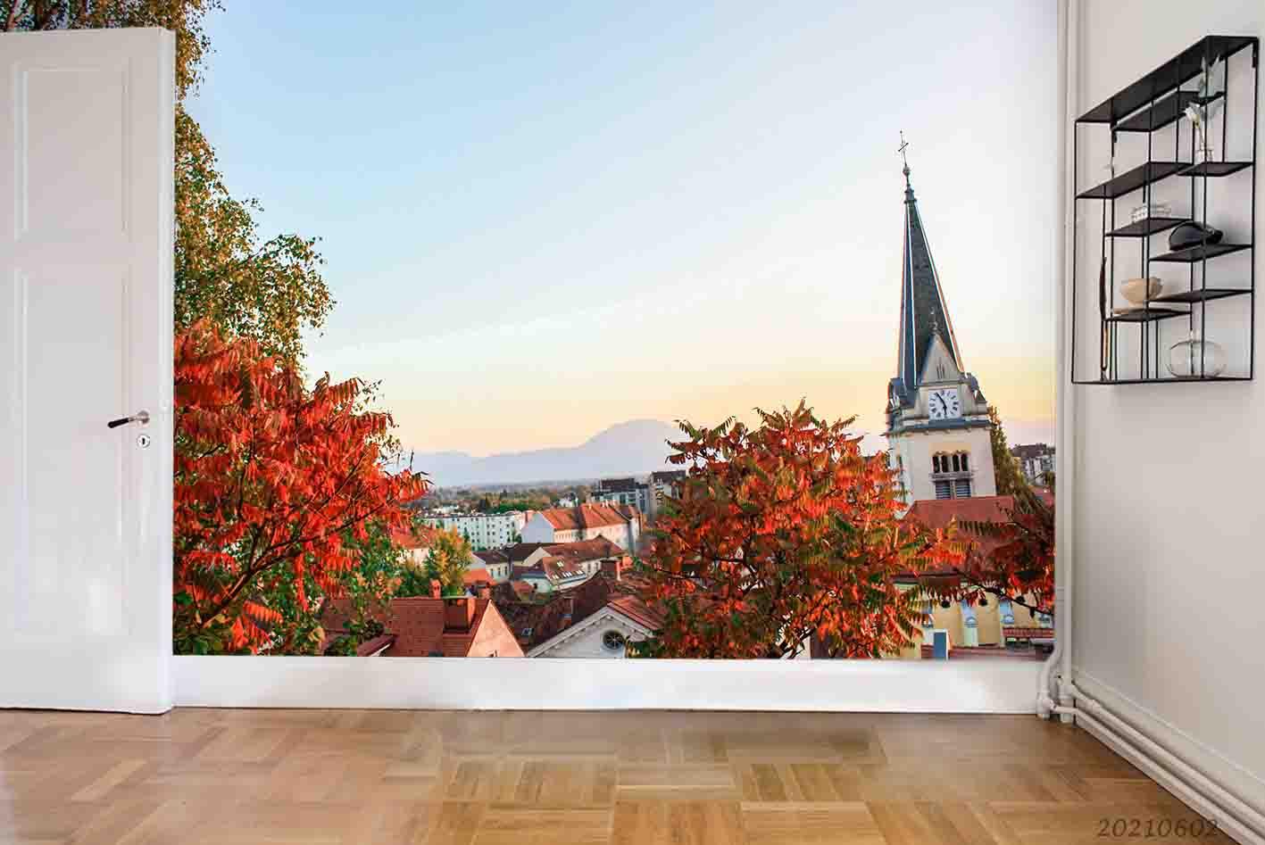 3D Red Maple Blue Sky Village Wall Mural Wallpaper SWW884- Jess Art Decoration