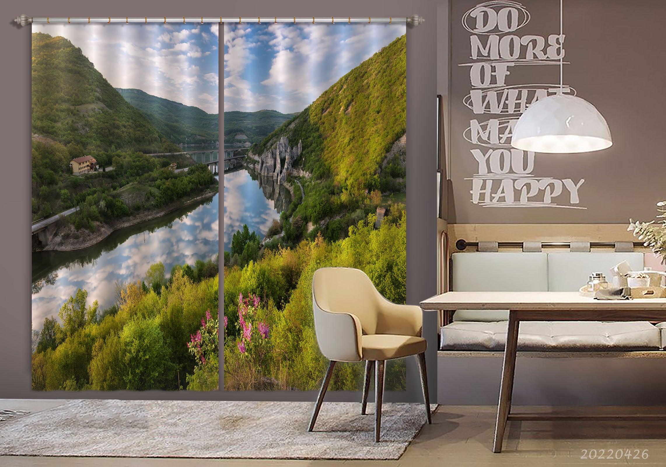 3D Landscape Mountain Rock River Green Forest Curtains and Drapes GD 4836- Jess Art Decoration