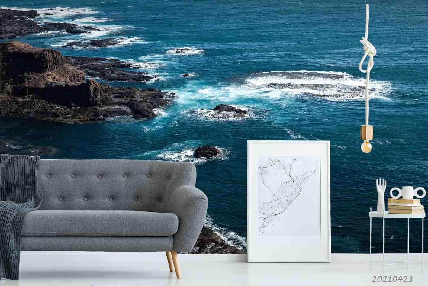3D Blue Sea Rock Wall Mural Wallpaper LQH 281- Jess Art Decoration