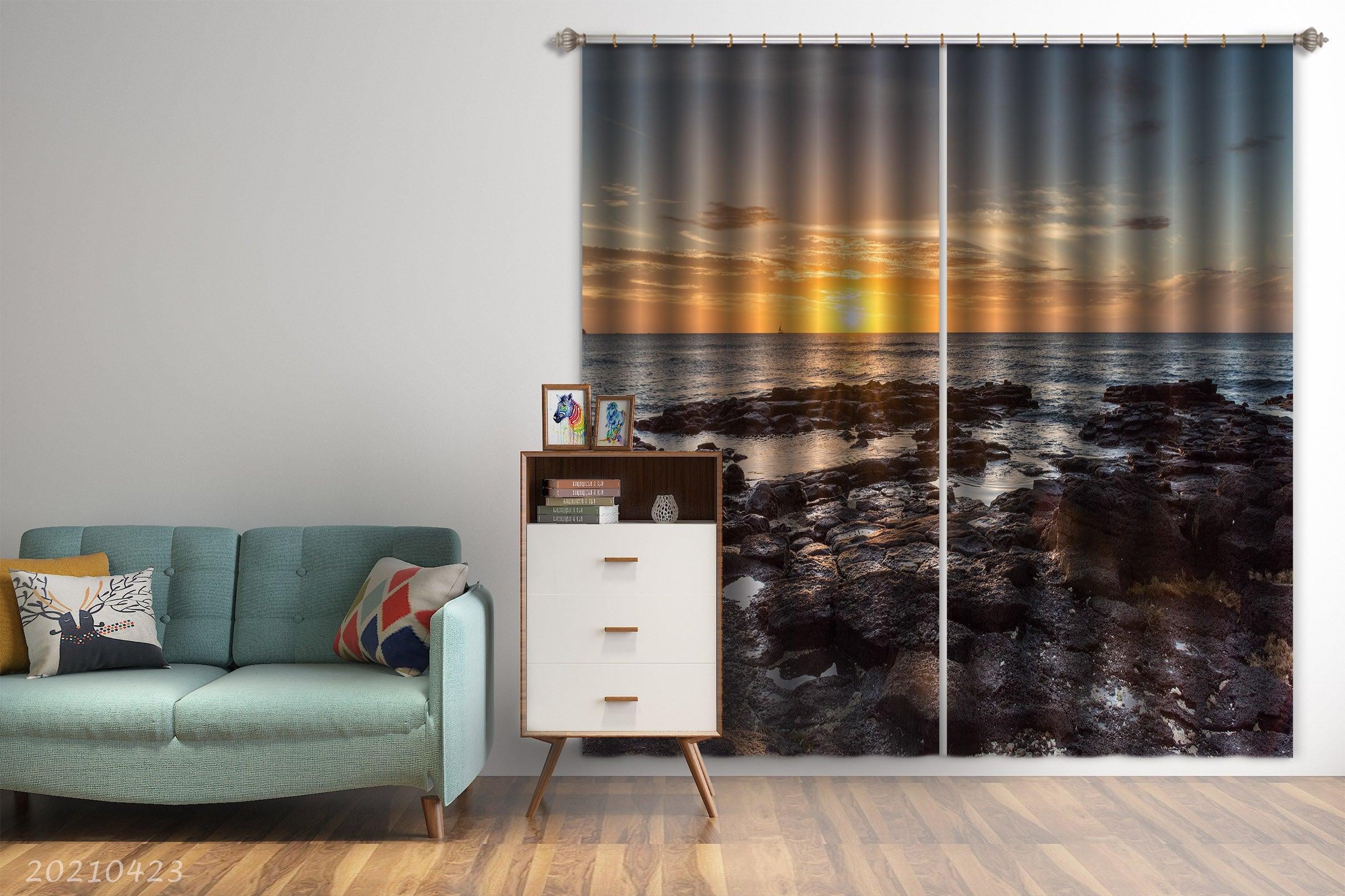 3D Ocean Reef Golden Sun Sky Curtains and Drapes GD 1292- Jess Art Decoration