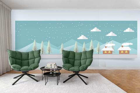 3D blue mountain snow house trees wall mural wallpaper 02- Jess Art Decoration