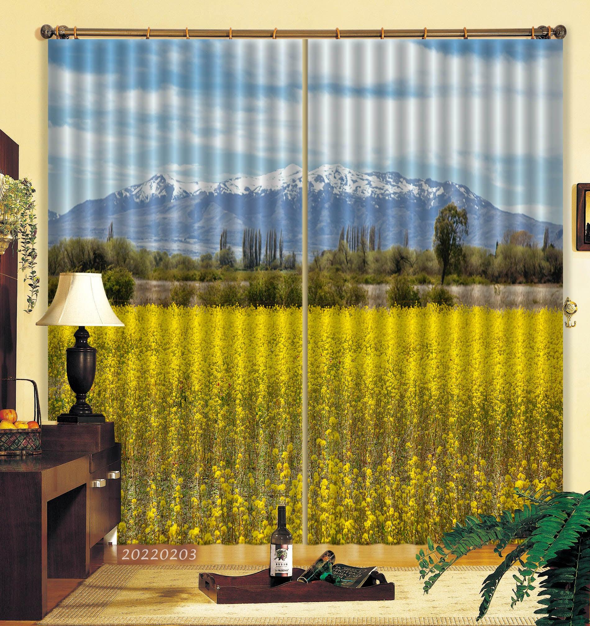 3D Yellow Rape Flower Woods Snow Mountain Curtains and Drapes GD 1048- Jess Art Decoration
