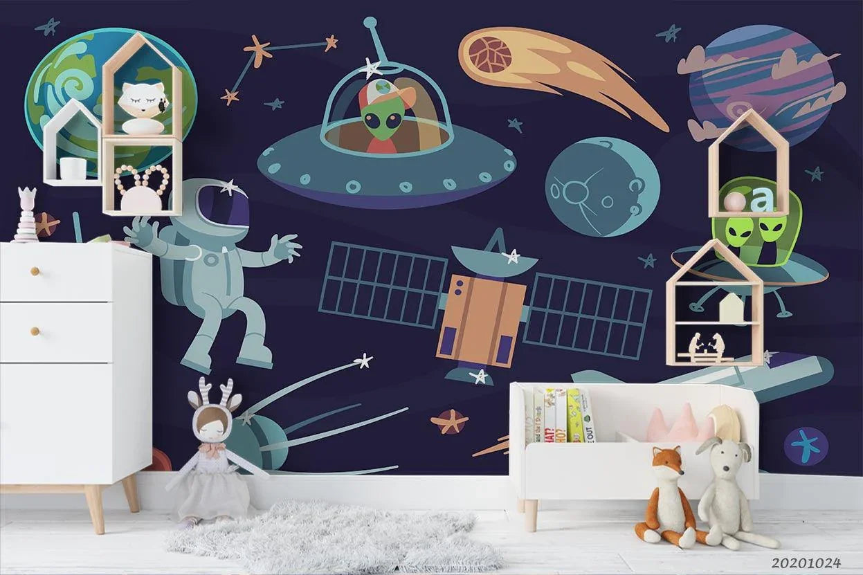 3D Cartoon Space Planet Rocket Astronaut Wall Mural Wallpaper WJ 6771- Jess Art Decoration